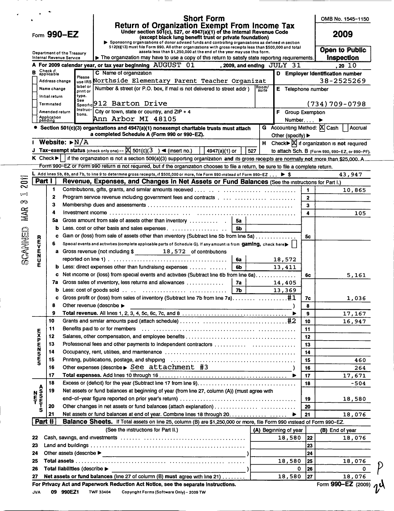 Image of first page of 2009 Form 990EZ for Northside Elementary School Parent- Teacher Organization