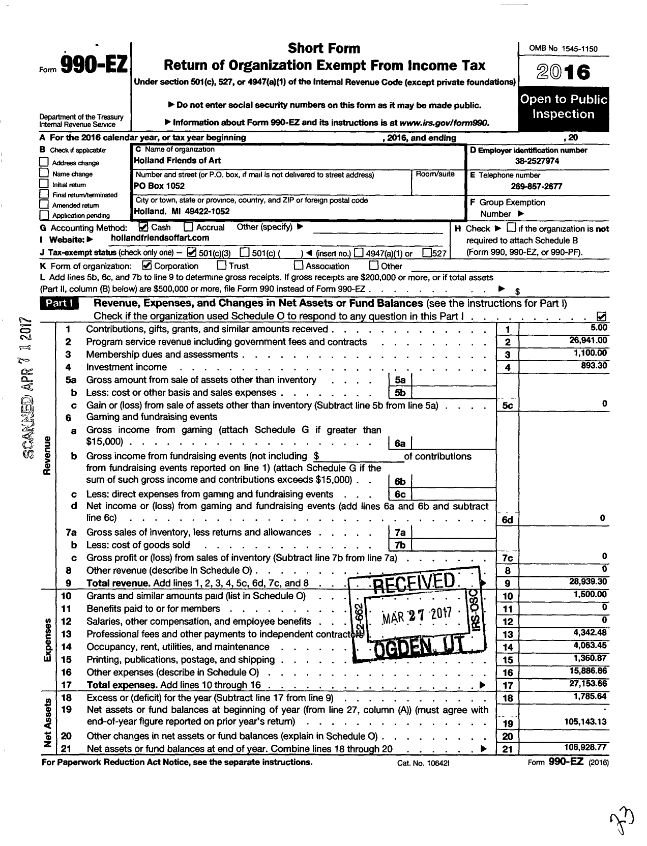 Image of first page of 2016 Form 990EZ for Holland Friends of Art