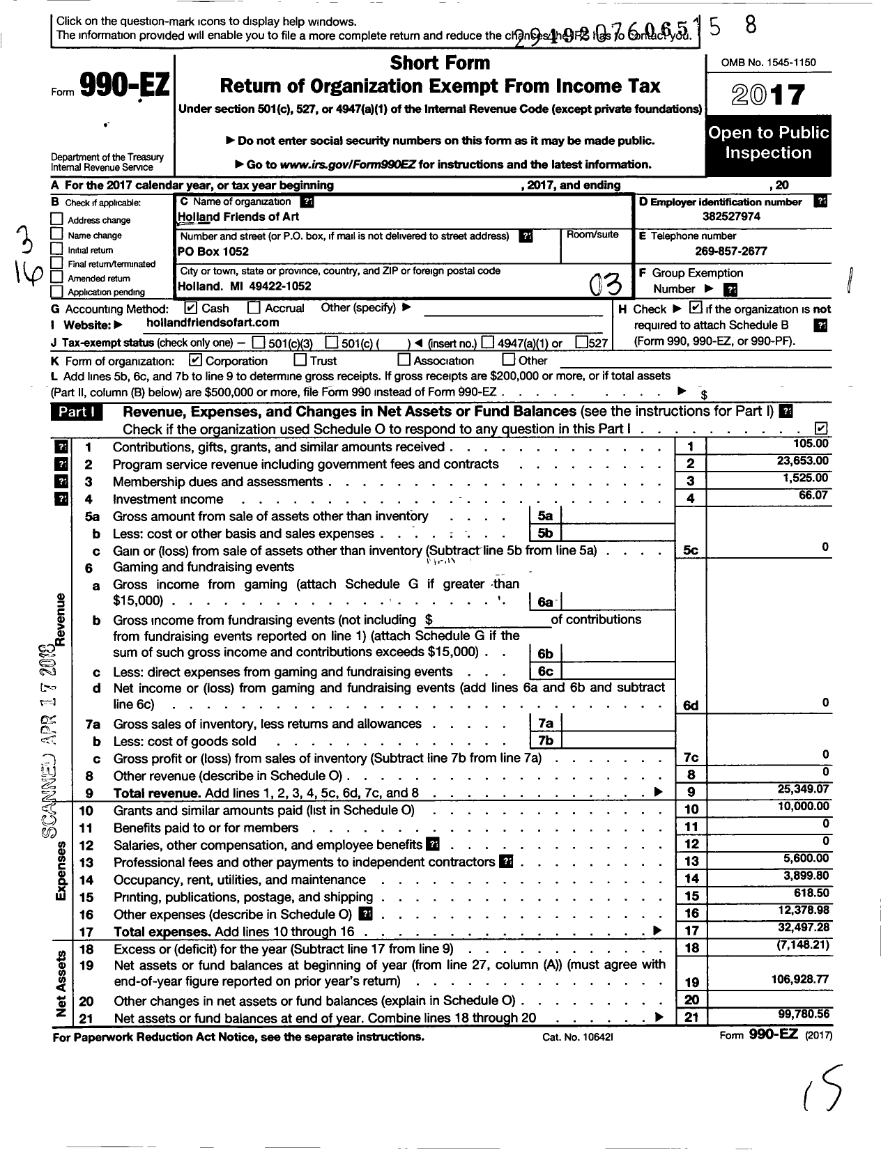 Image of first page of 2017 Form 990EZ for Holland Friends of Art