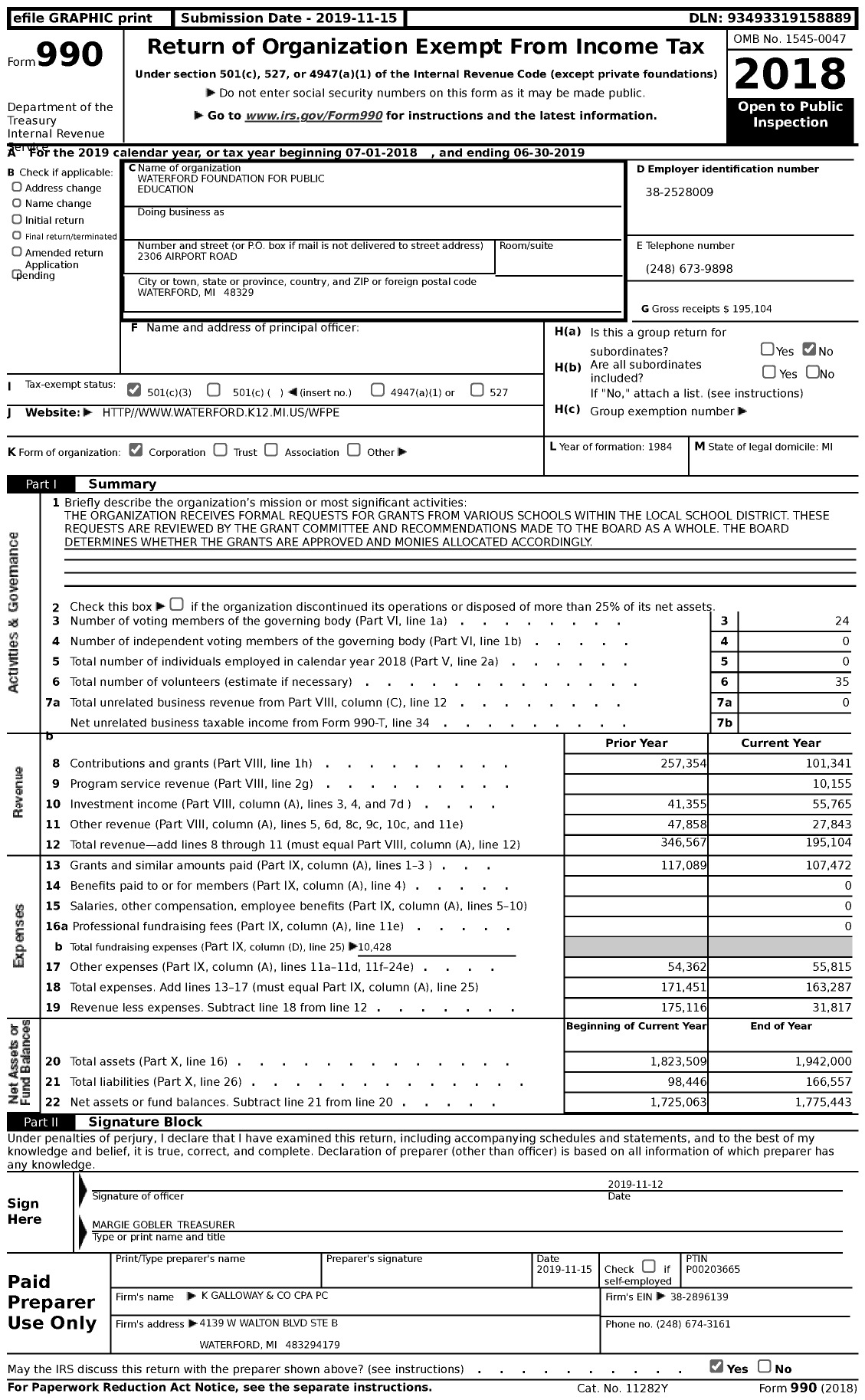 Image of first page of 2018 Form 990 for Waterford Foundation for Public Education