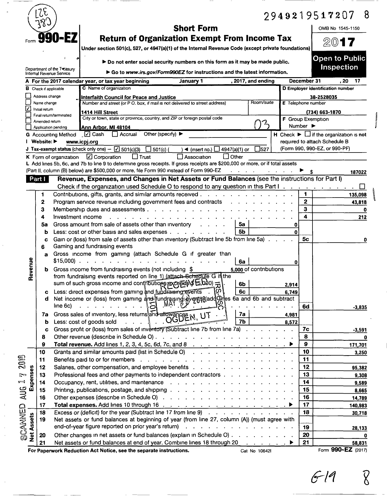 Image of first page of 2017 Form 990EZ for Interfaith Council for Peace and Justice