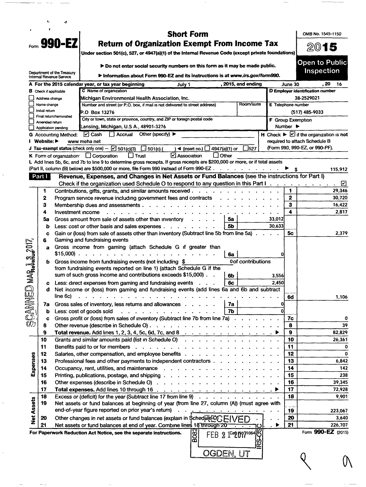 Image of first page of 2015 Form 990EZ for Michigan Environmental Health Association