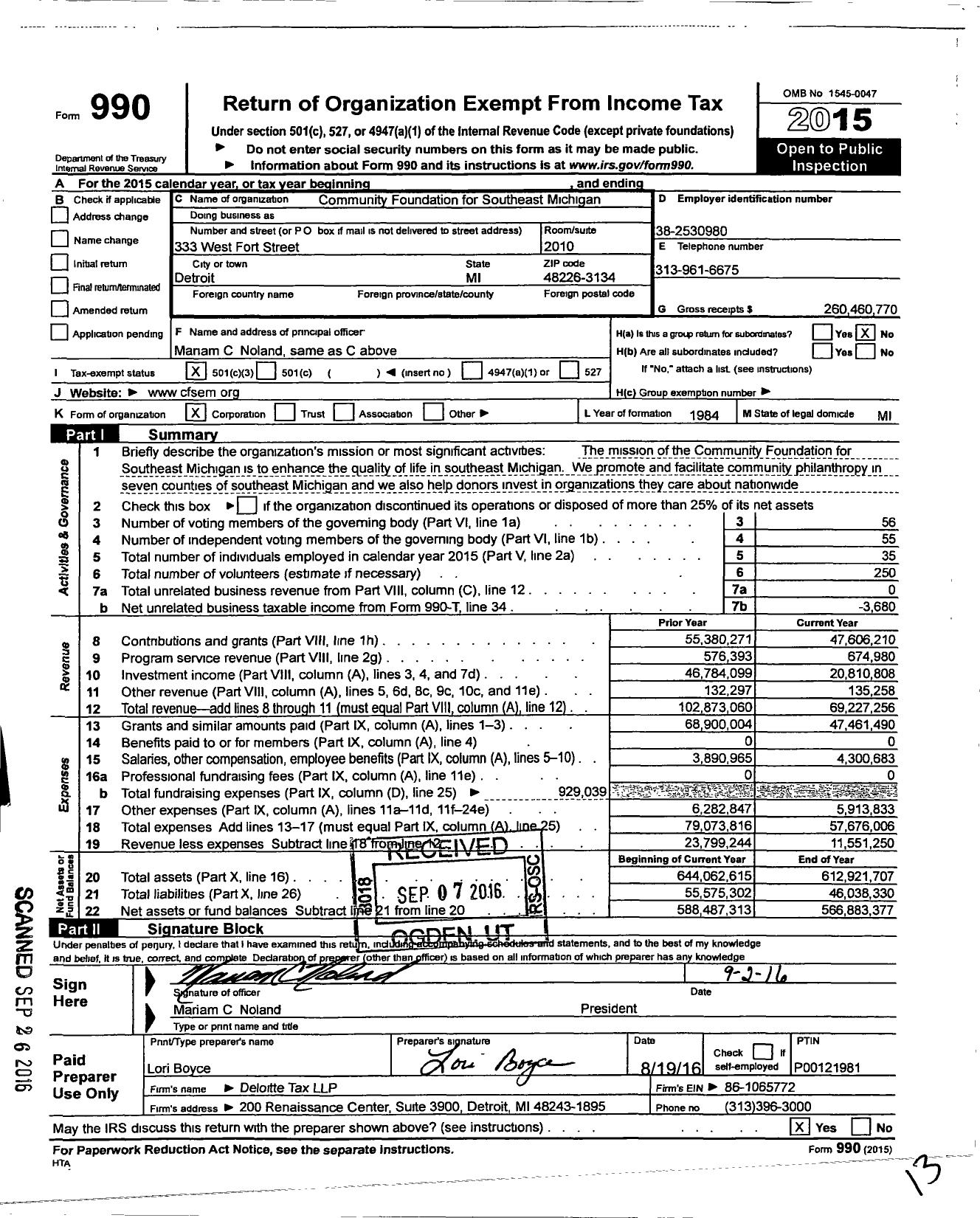 Image of first page of 2015 Form 990 for Community Foundation for Southeast Michigan