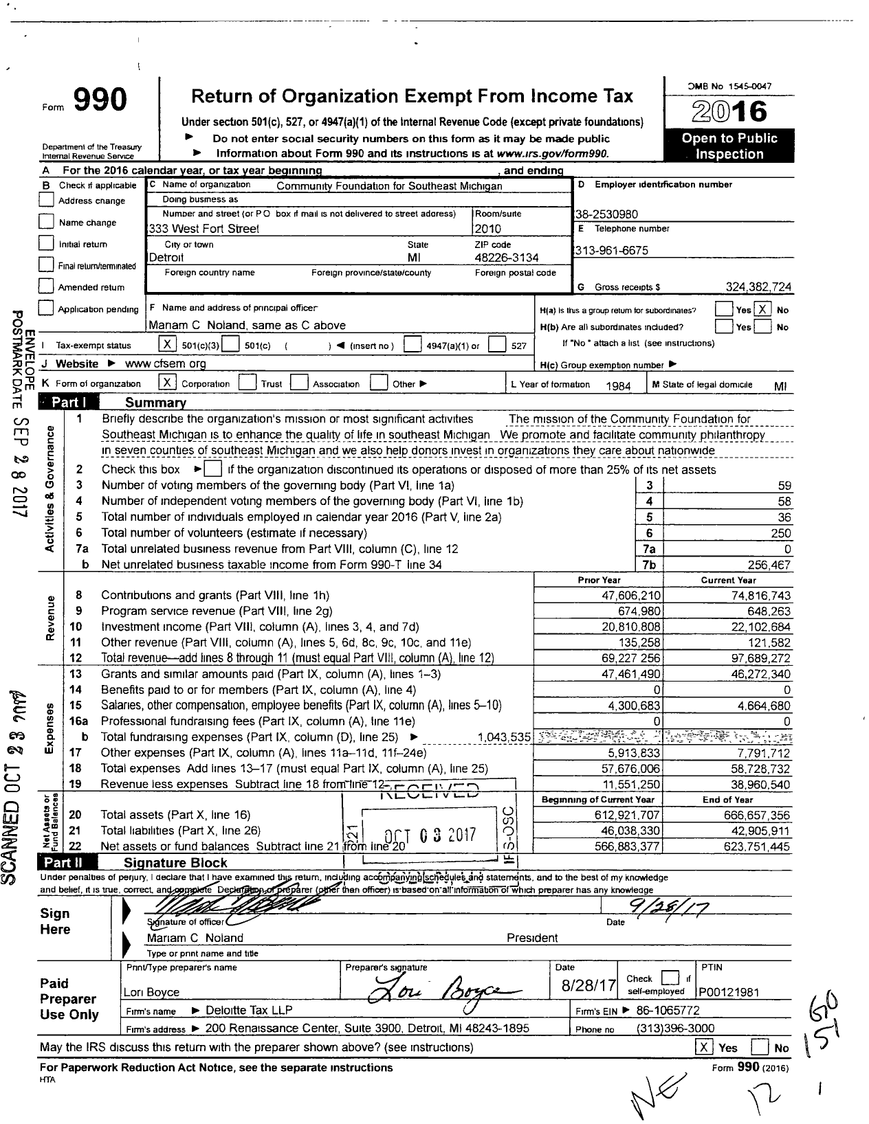 Image of first page of 2016 Form 990 for Community Foundation for Southeast Michigan