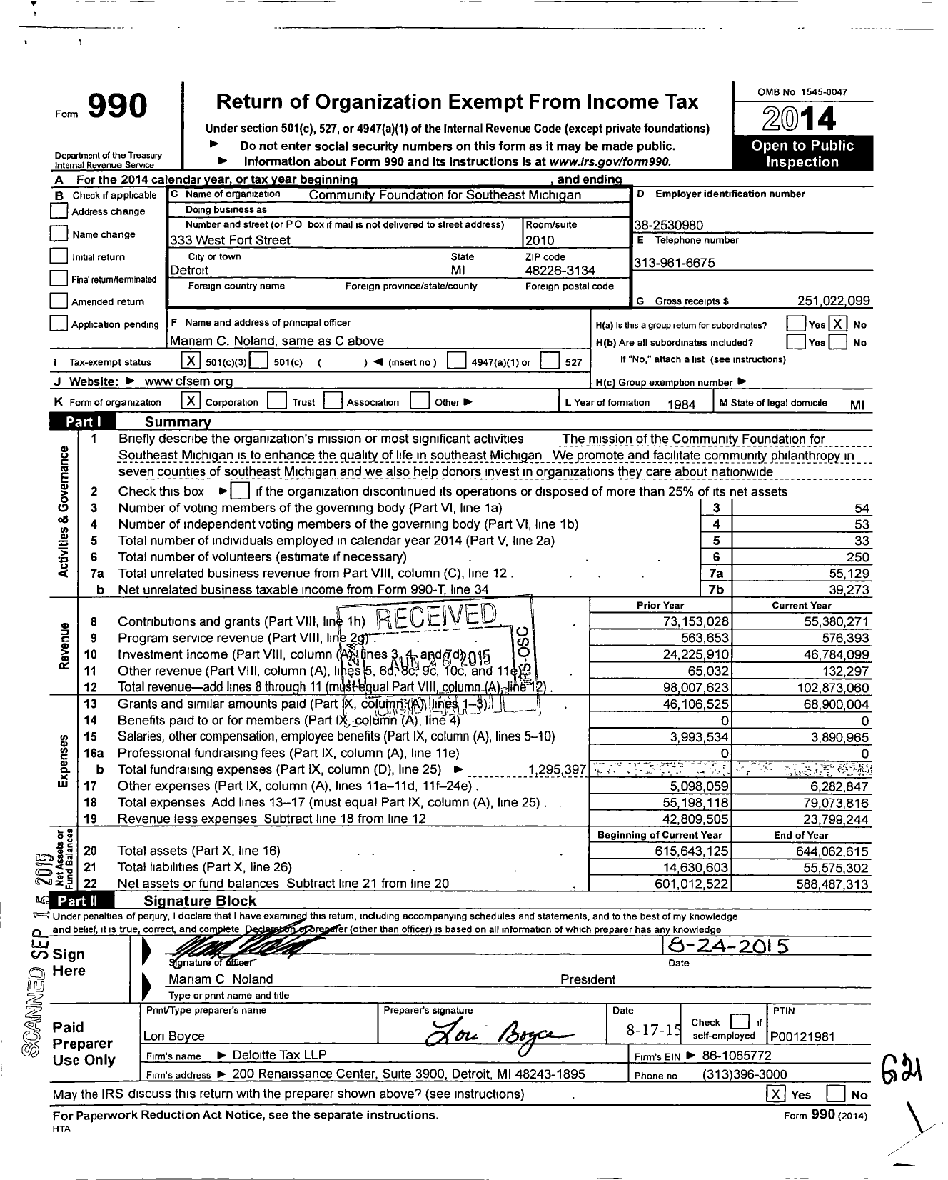 Image of first page of 2014 Form 990 for Community Foundation for Southeast Michigan