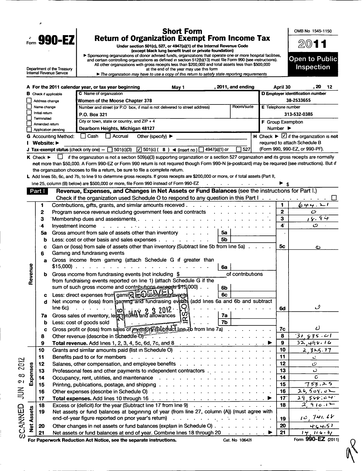 Image of first page of 2011 Form 990EO for Loyal Order of Moose - 378