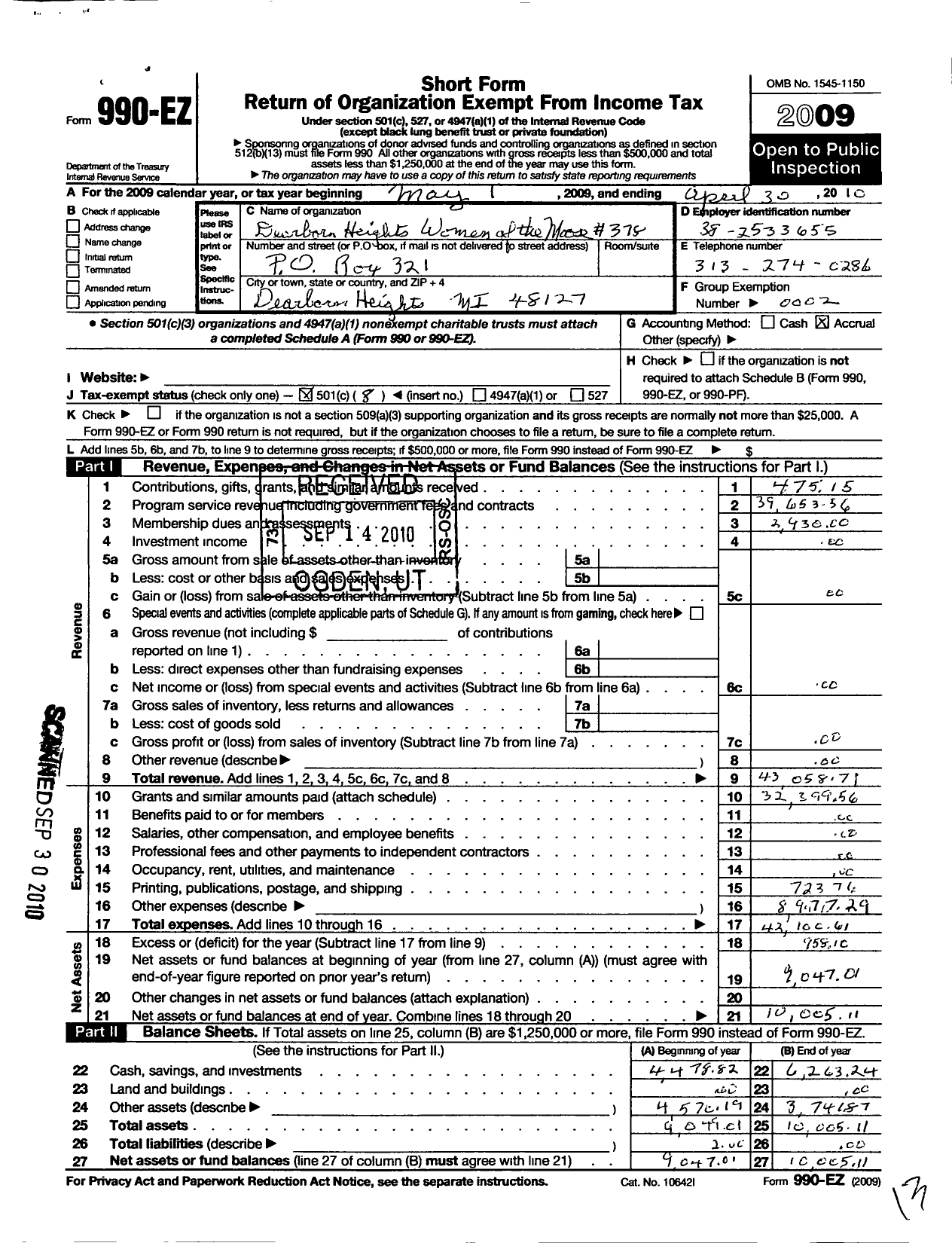 Image of first page of 2009 Form 990EO for Loyal Order of Moose - 378