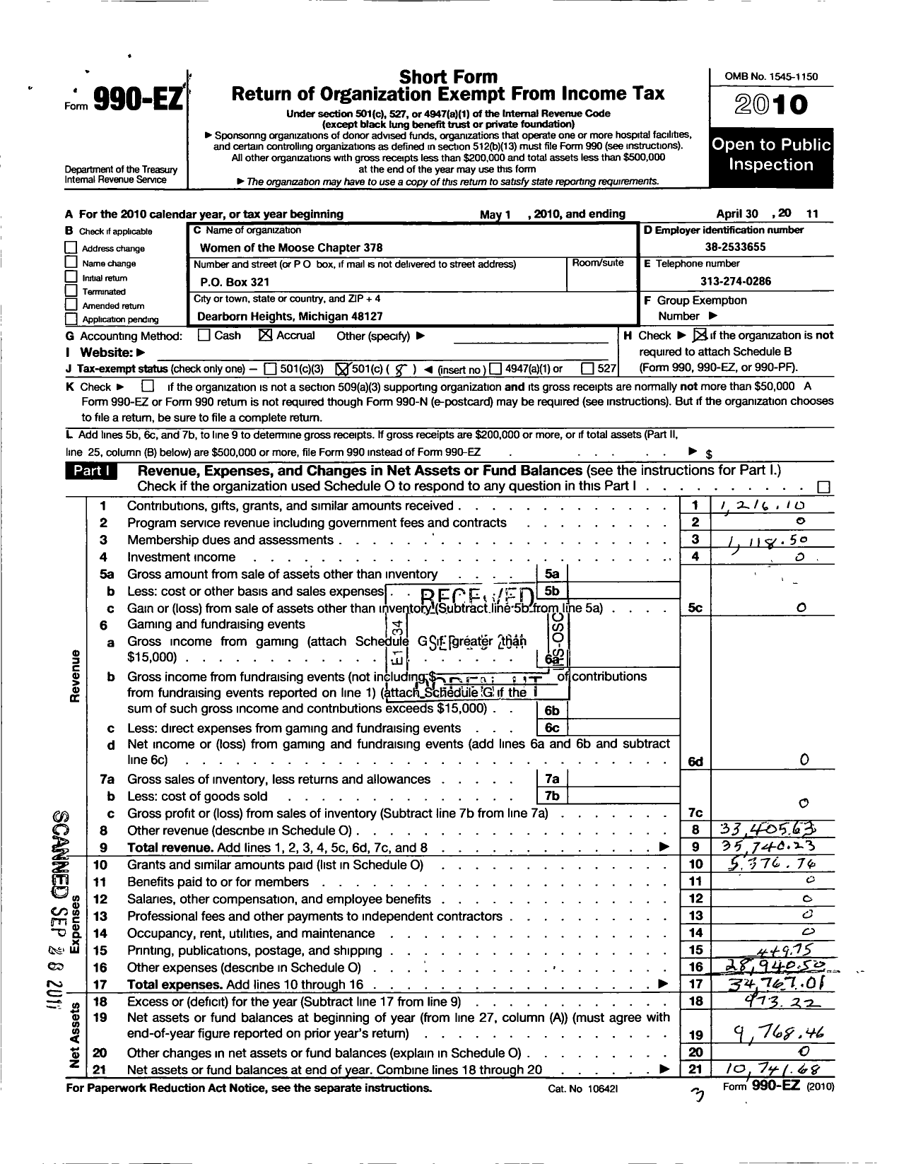 Image of first page of 2010 Form 990EO for Loyal Order of Moose - 378