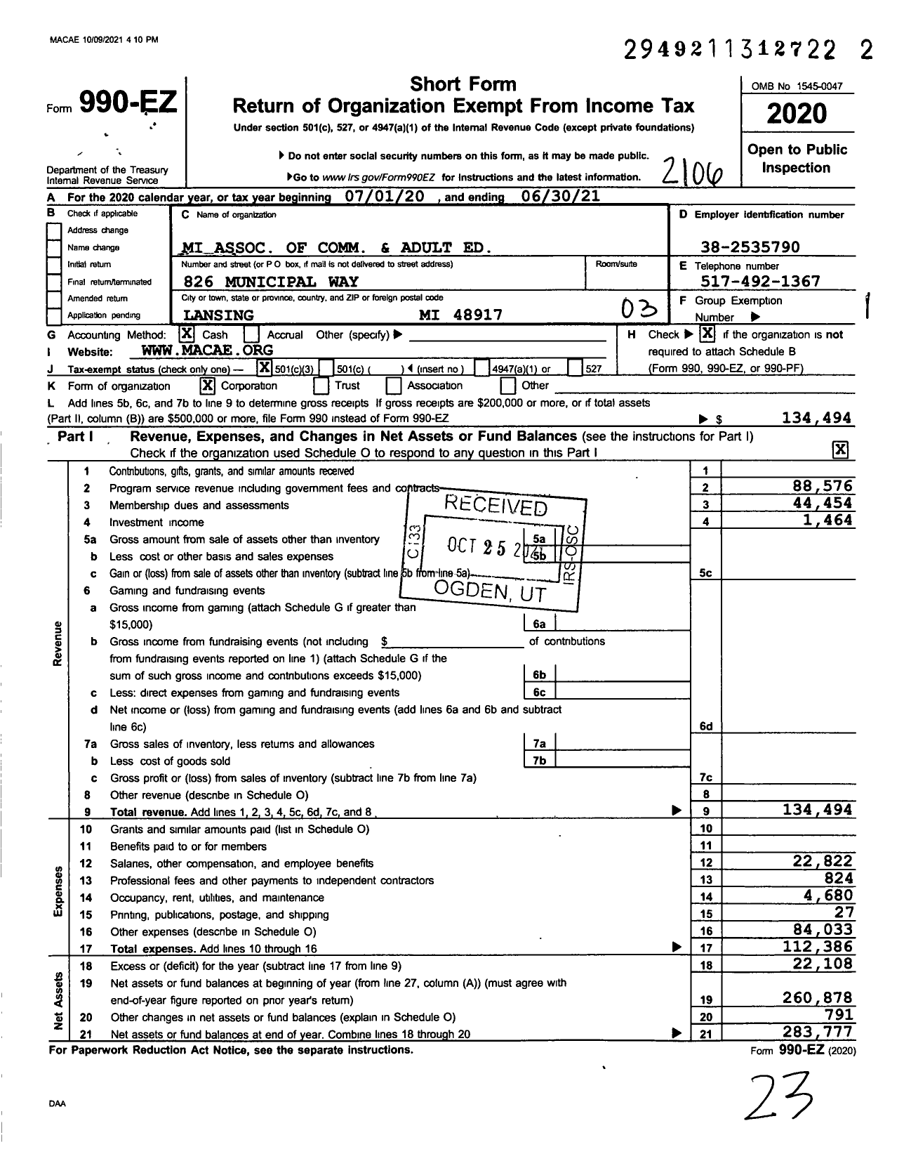 Image of first page of 2020 Form 990EZ for Michigan Association of Community and Adult Education