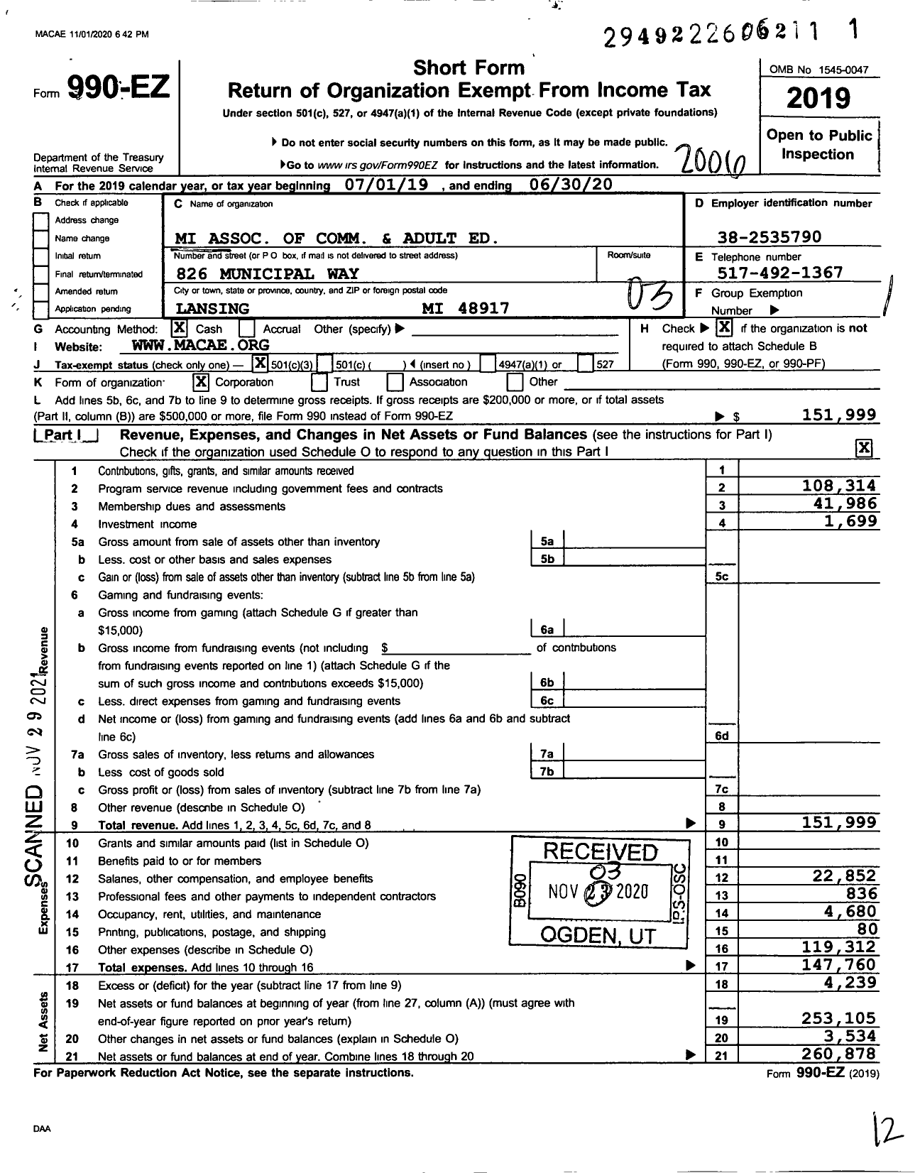 Image of first page of 2019 Form 990EZ for Michigan Association of Community and Adult Education