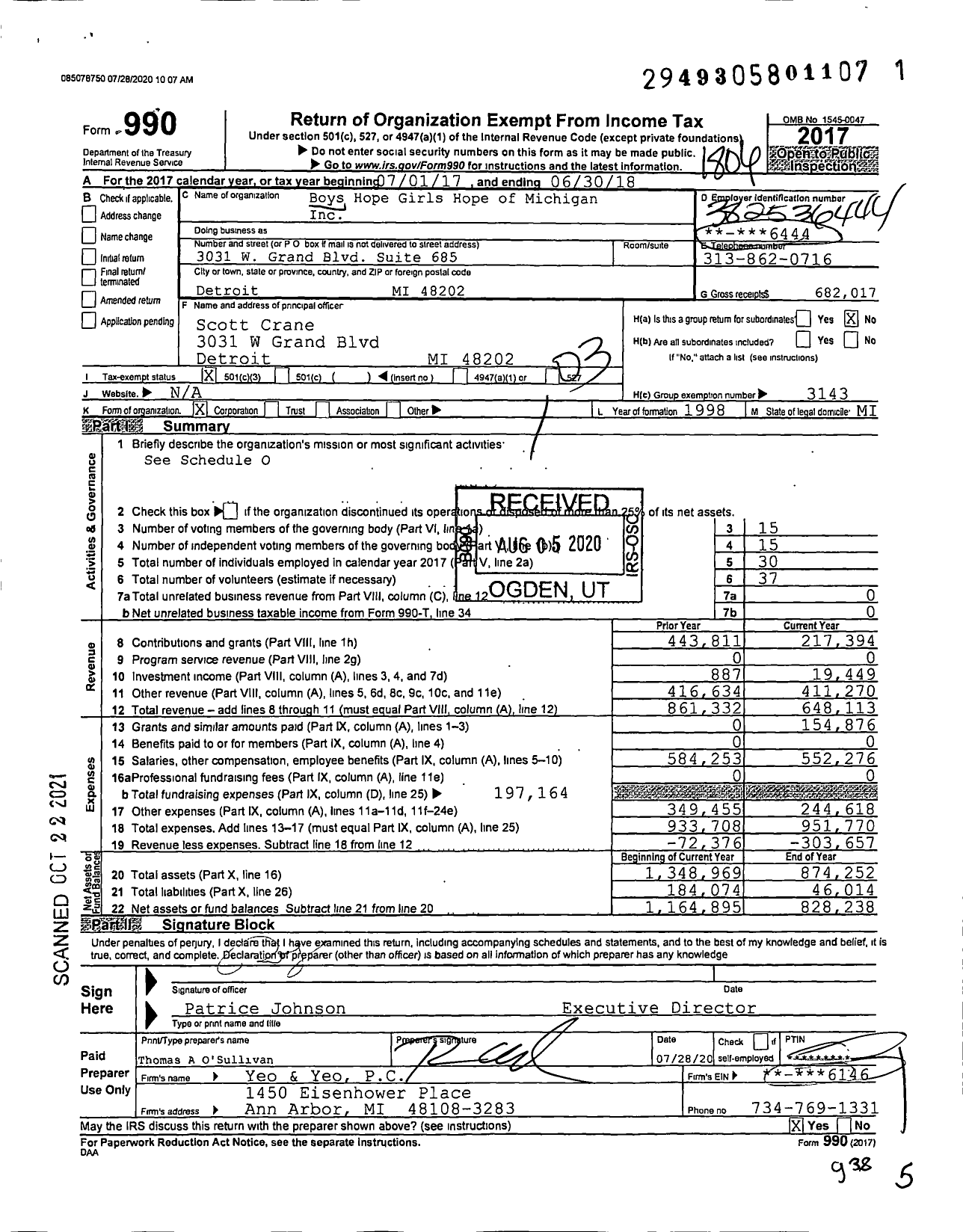 Image of first page of 2017 Form 990 for Boys Hope Girls Hope of Michigan