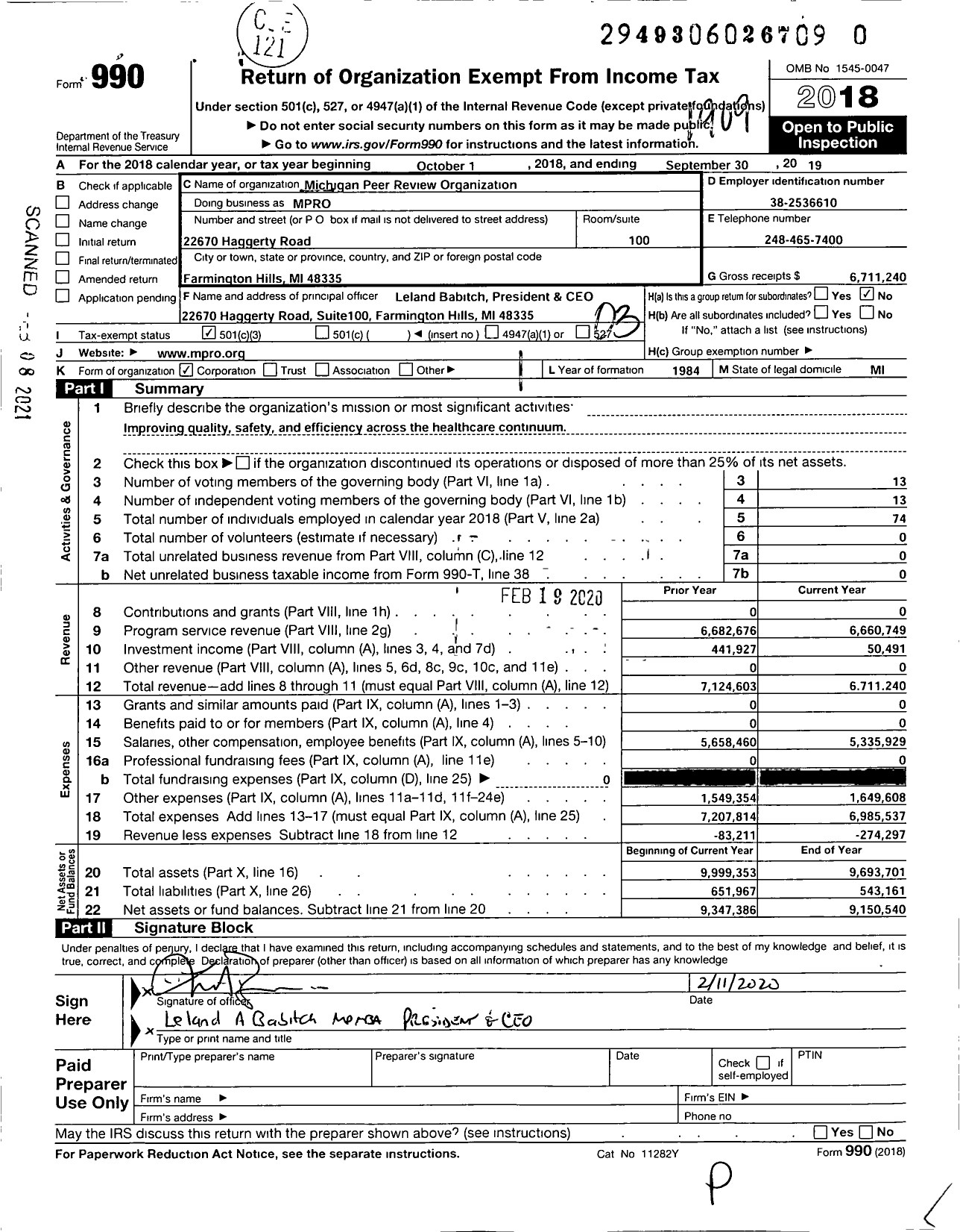 Image of first page of 2018 Form 990 for Improve Health (MPRO)