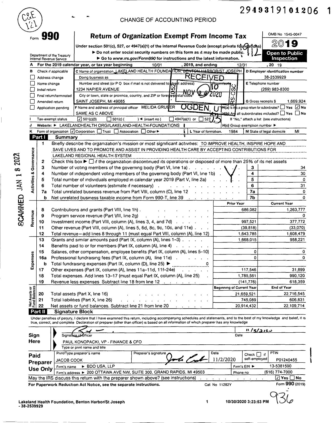 Image of first page of 2019 Form 990 for Lakeland Health Foundation Benton HarborSt Joseph