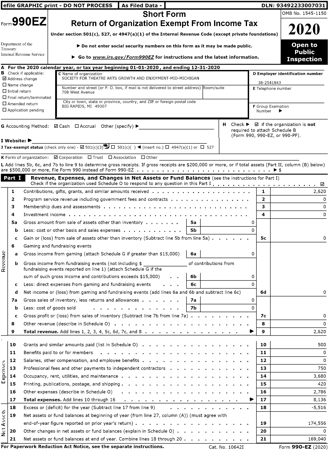 Image of first page of 2020 Form 990EZ for Society for Theatre Arts Growth and Enjoyment-Mid-Michigan