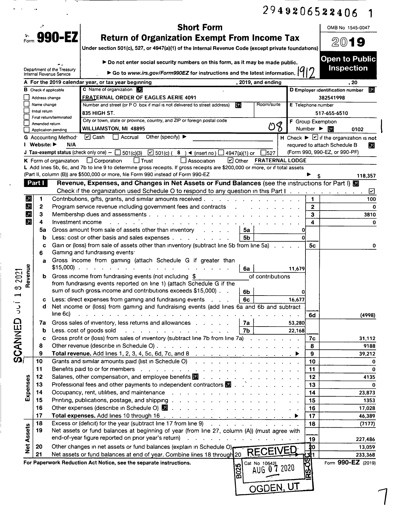 Image of first page of 2019 Form 990EO for Fraternal Order of Eagles - 4091 Aerie