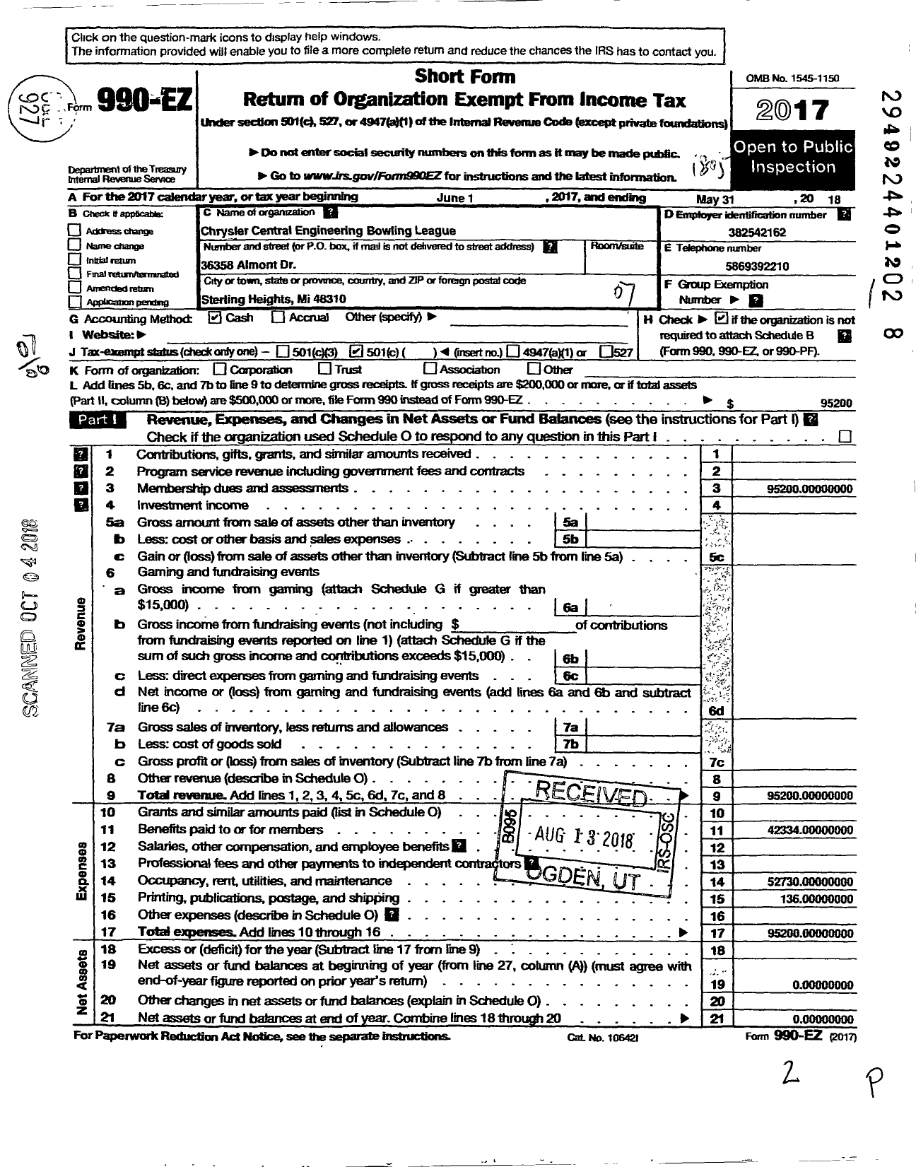 Image of first page of 2017 Form 990EO for Chrysler Central Engineering Bowling League