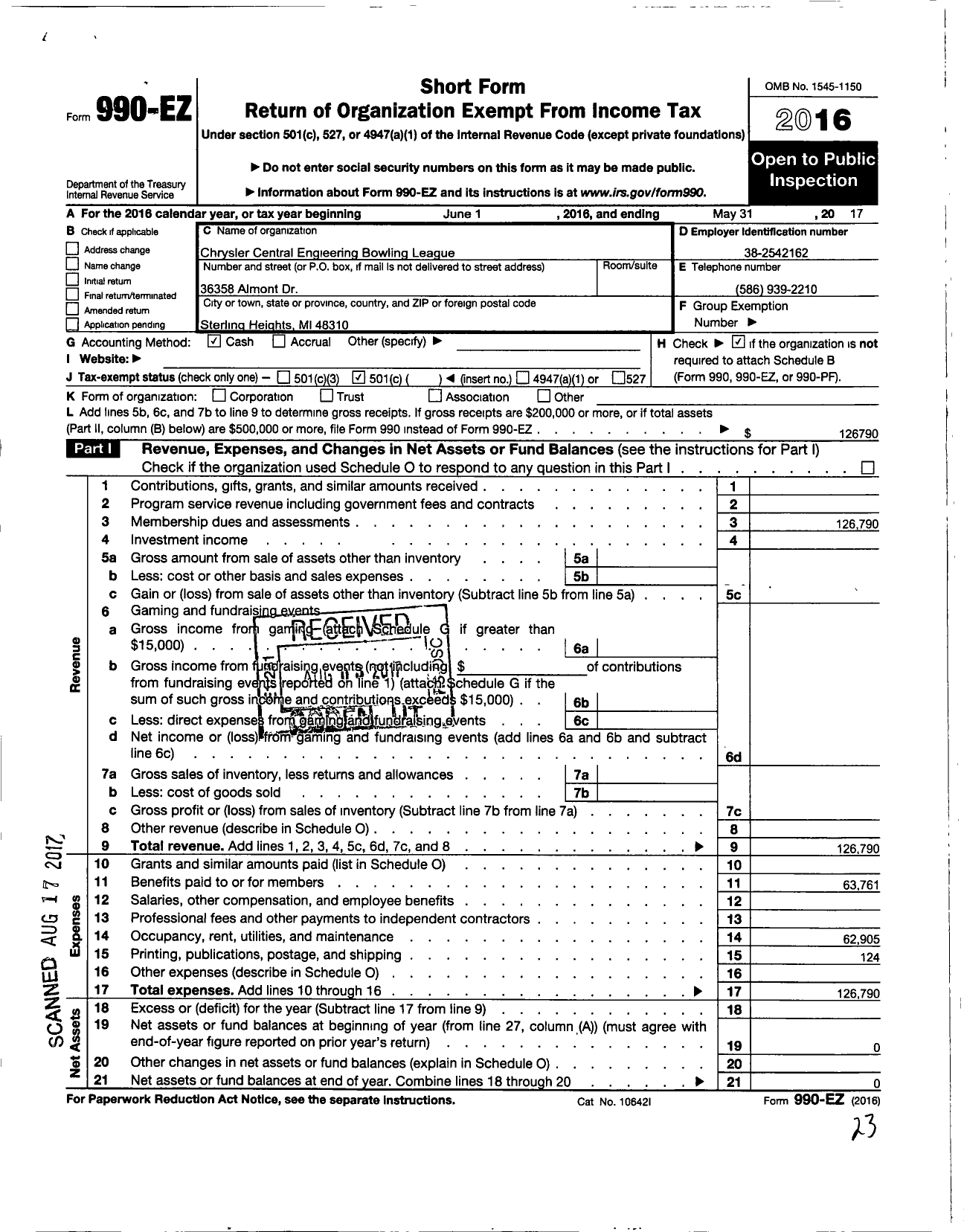 Image of first page of 2016 Form 990EO for Chrysler Central Engineering Bowling League