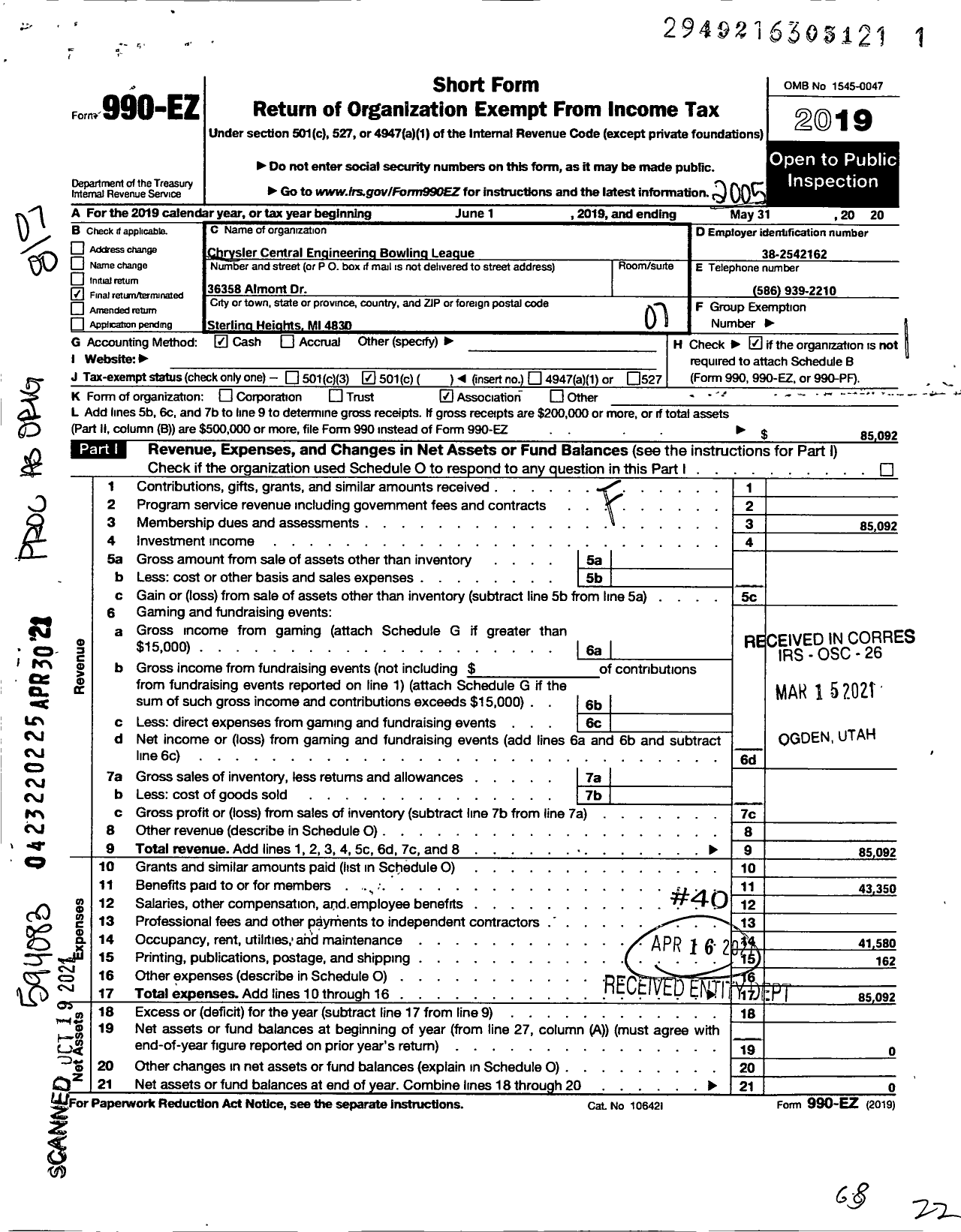 Image of first page of 2019 Form 990EO for Chrysler Central Engineering Bowling League