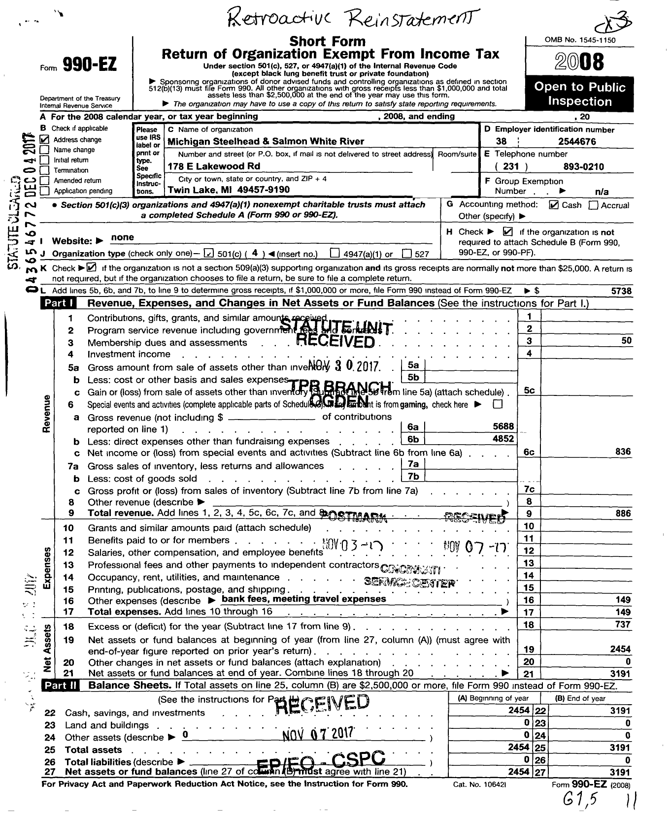 Image of first page of 2008 Form 990EO for Michigan Steelhead and Salmon Fishermens Association / White River