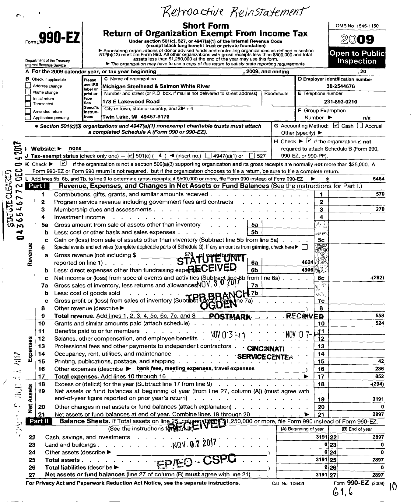 Image of first page of 2009 Form 990EO for Michigan Steelhead and Salmon Fishermens Association / White River