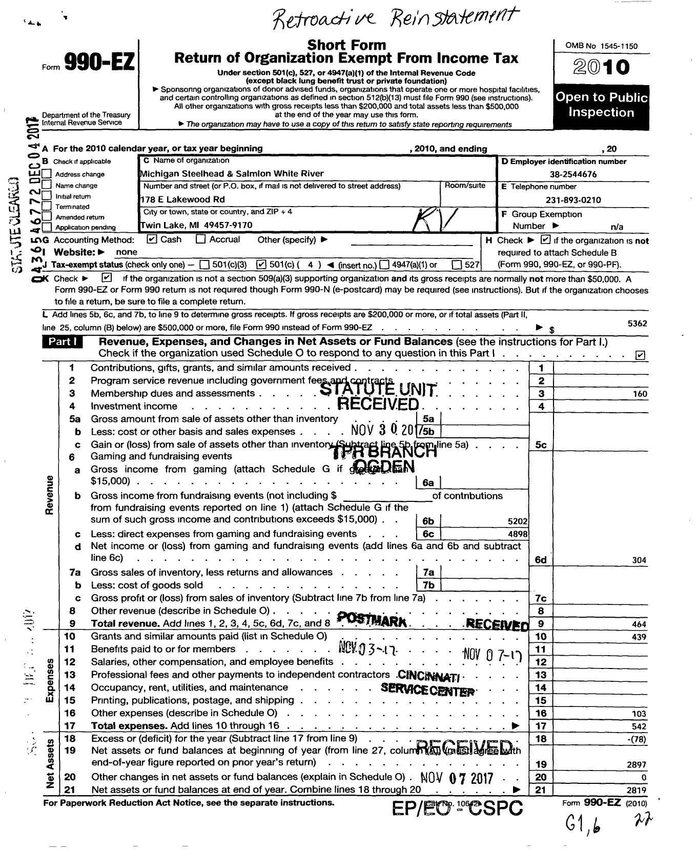 Image of first page of 2010 Form 990EO for Michigan Steelhead and Salmon Fishermens Association / White River