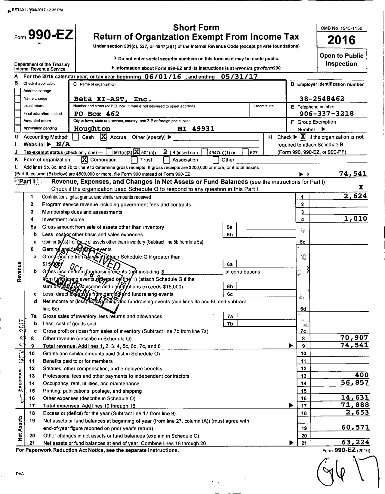 Image of first page of 2016 Form 990EO for Beta Xi-Ast