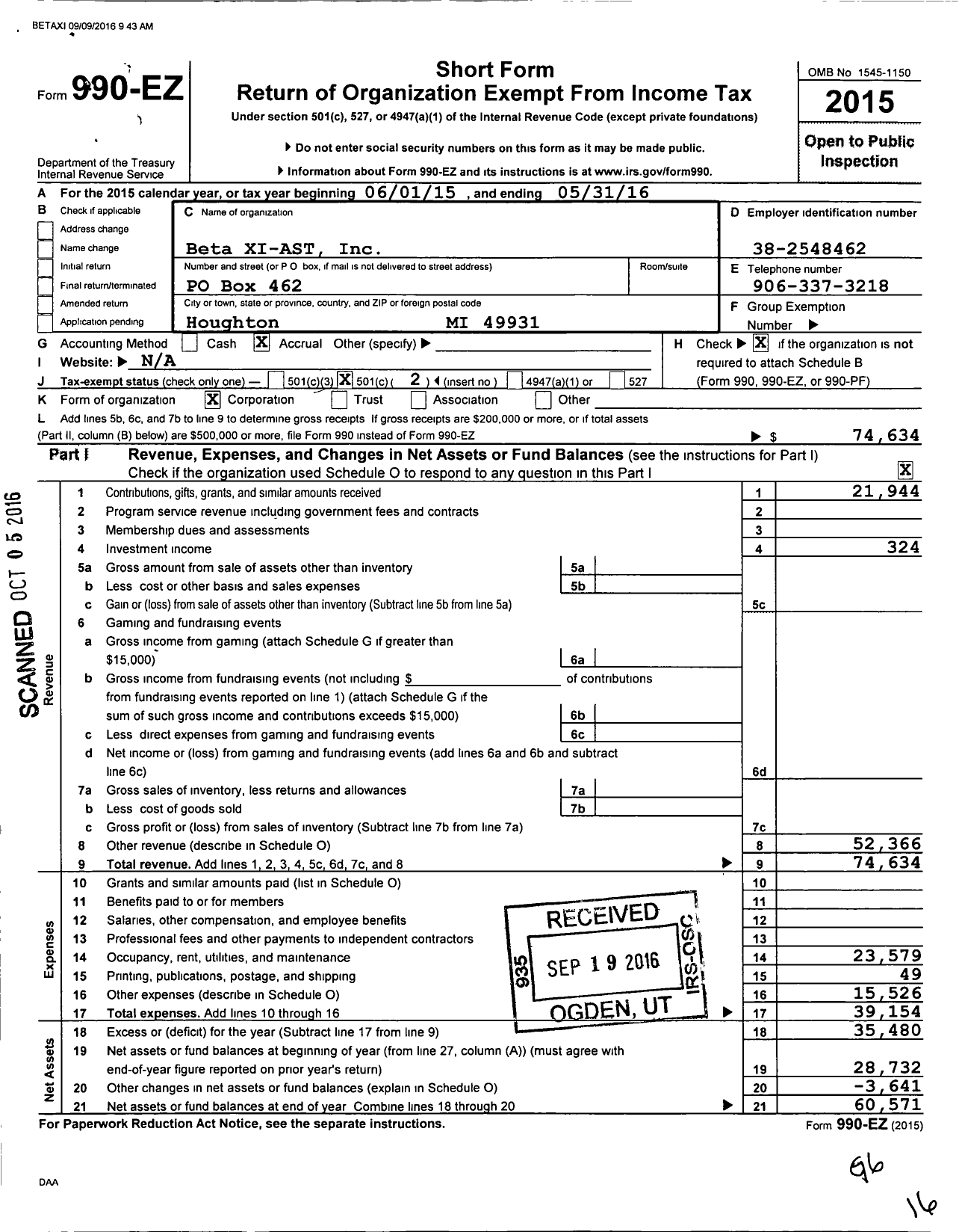 Image of first page of 2015 Form 990EO for Beta Xi-Ast