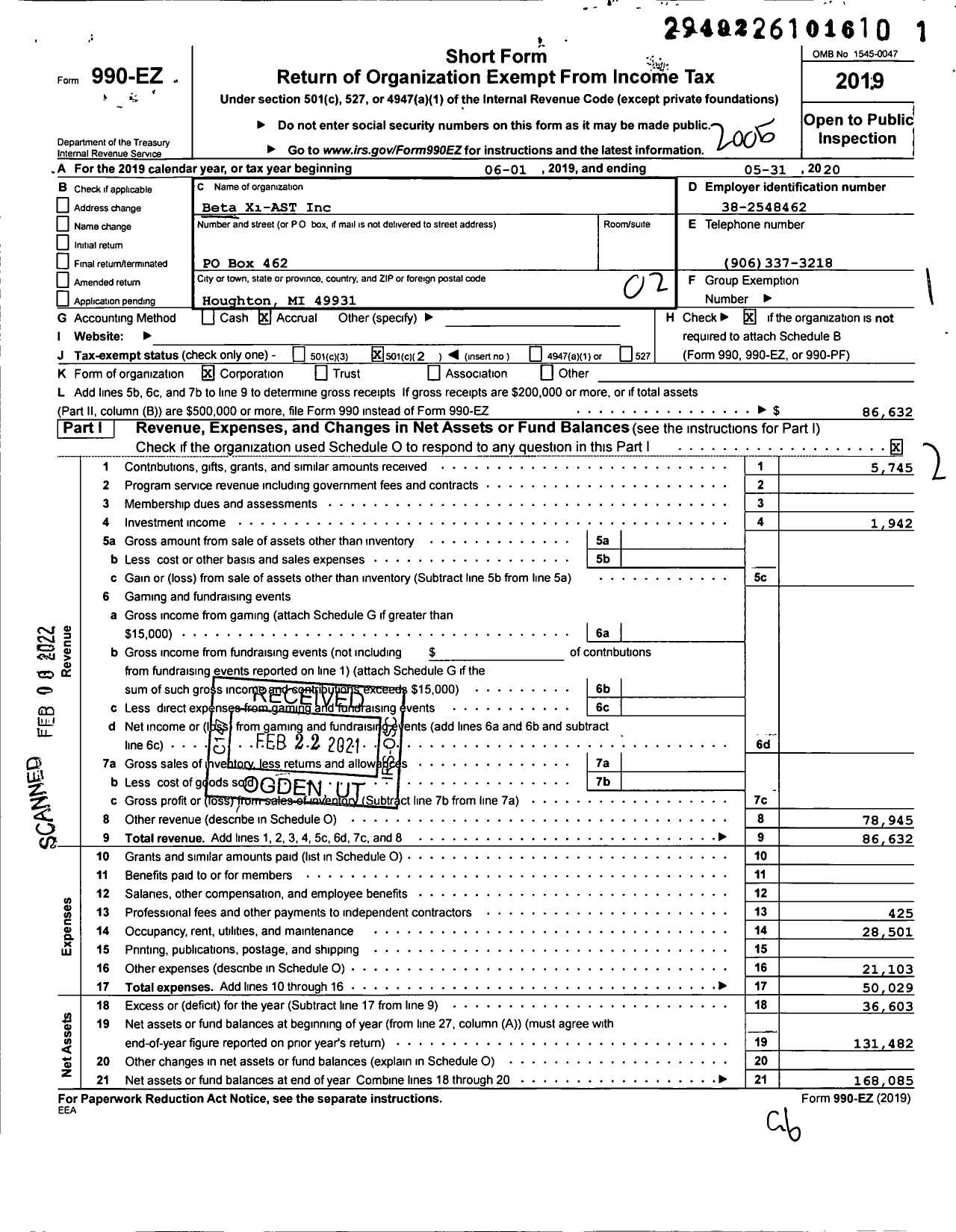 Image of first page of 2019 Form 990EO for Beta Xi-Ast