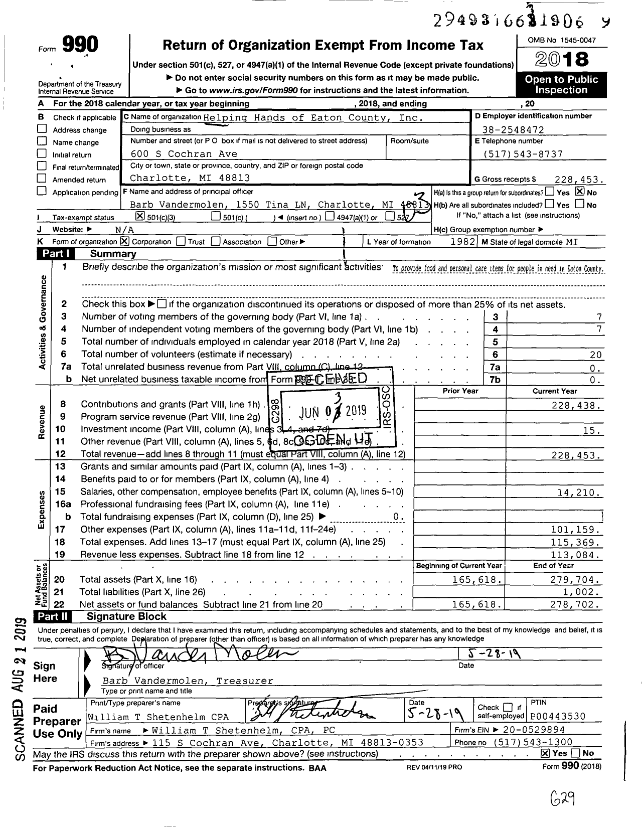 Image of first page of 2018 Form 990 for Helping Hands of Eaton County