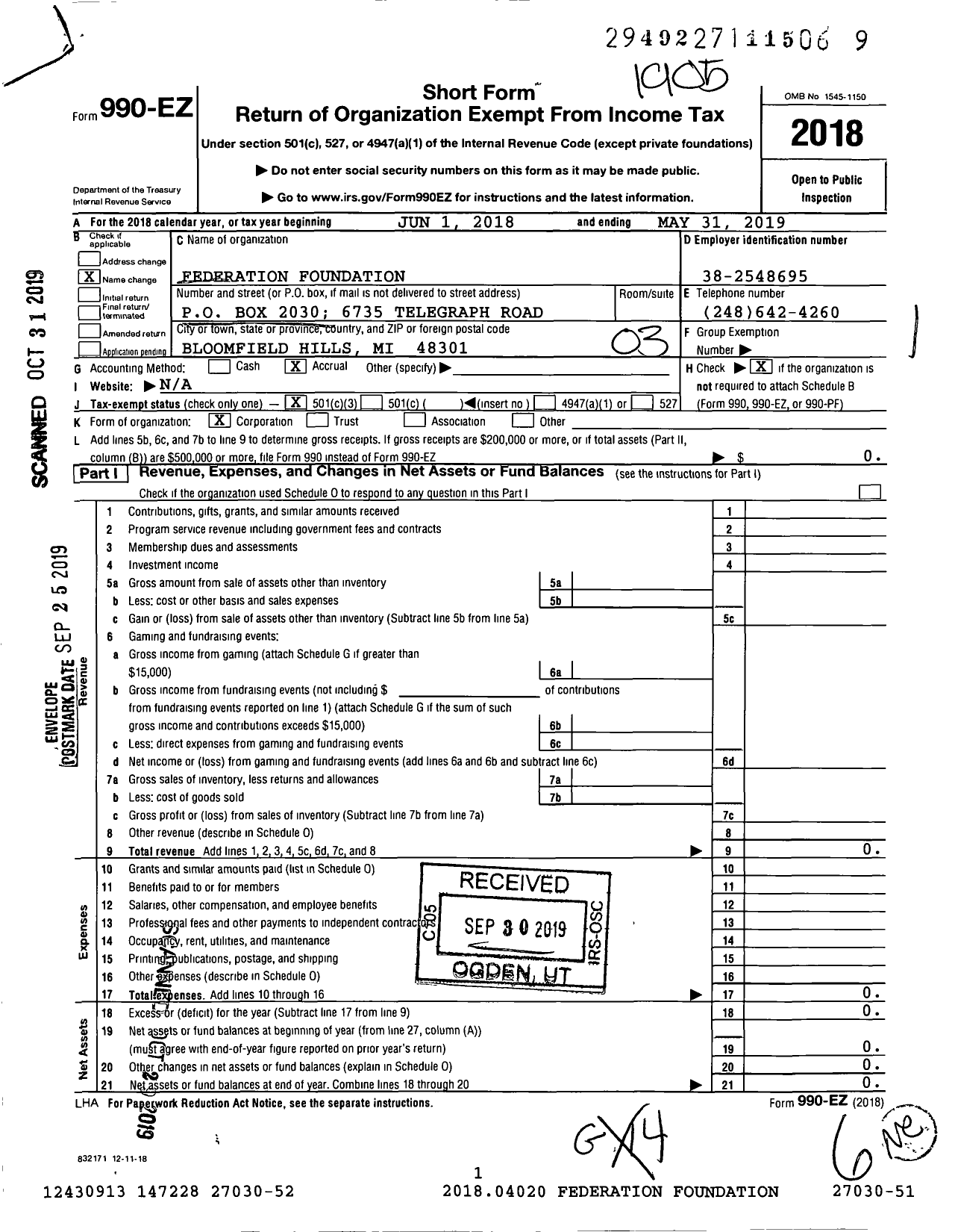 Image of first page of 2018 Form 990EZ for Sheri and David Jaffa Family Support Foundation