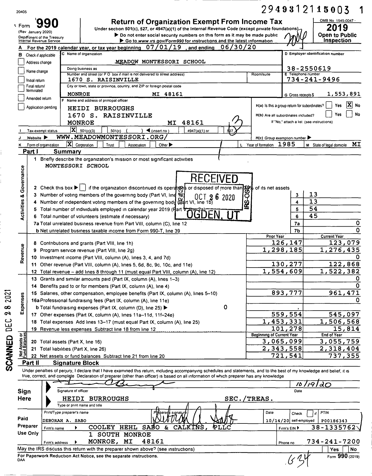 Image of first page of 2019 Form 990 for Meadow Montessori School