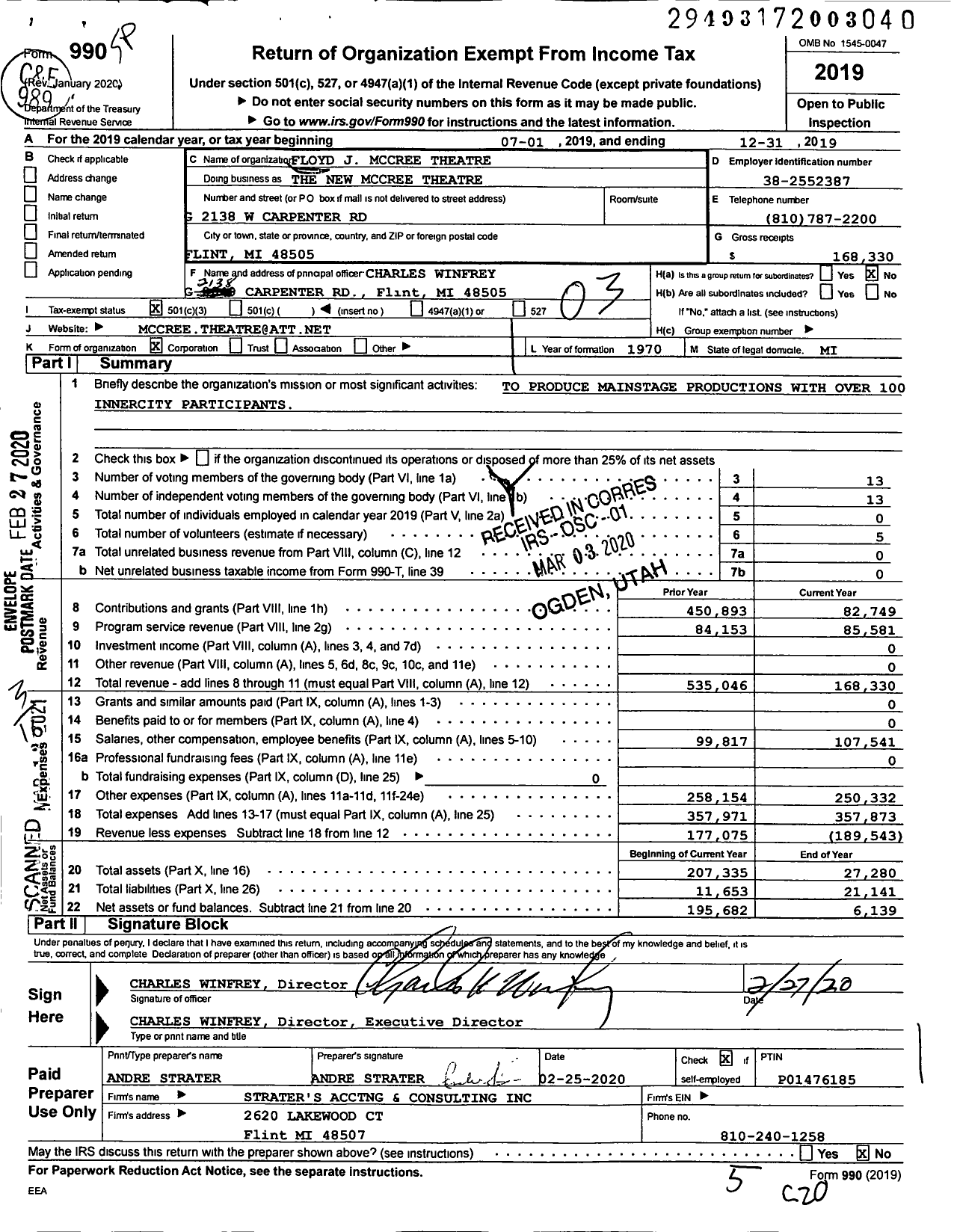 Image of first page of 2019 Form 990 for The New Mccree Theatre