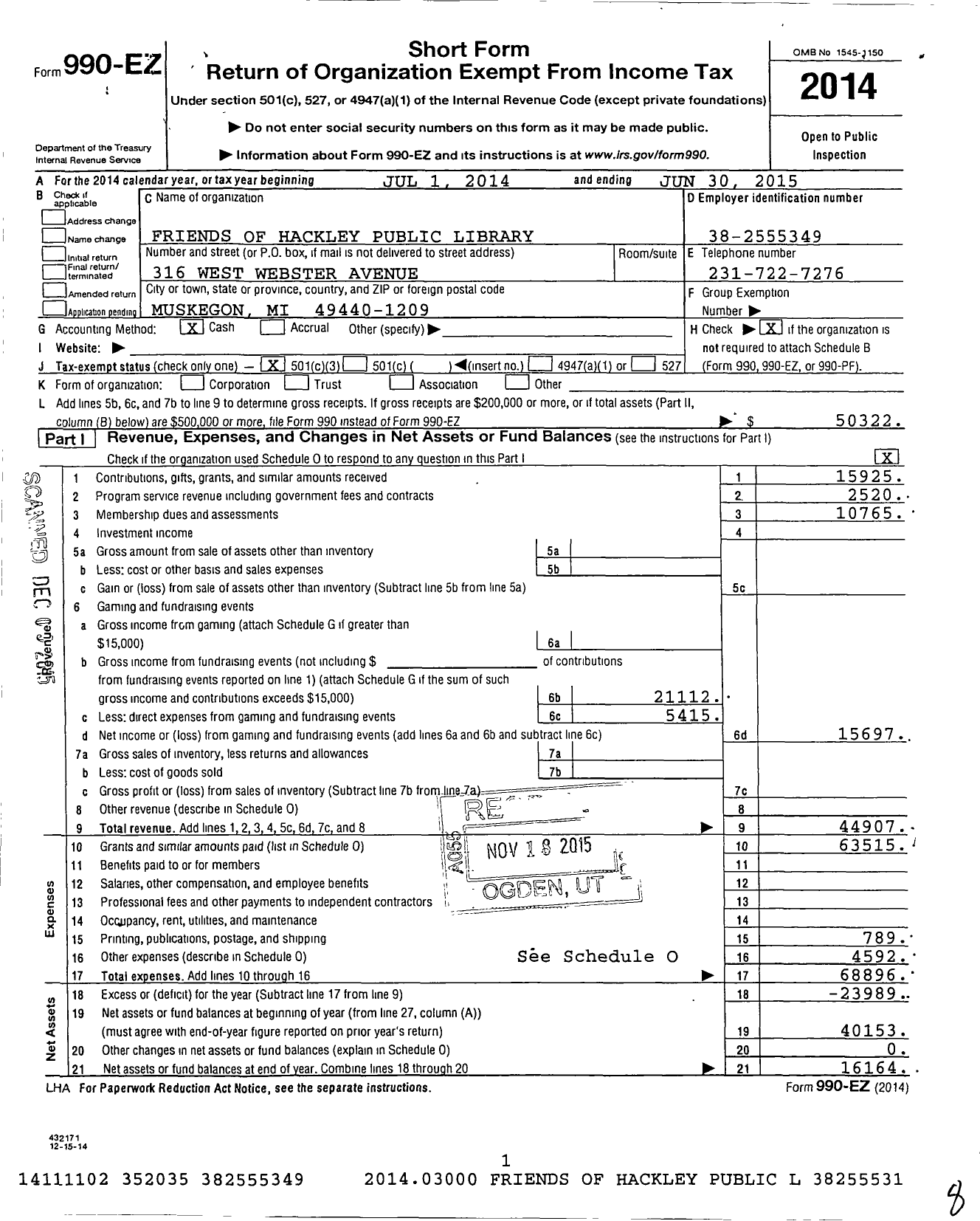 Image of first page of 2014 Form 990EZ for The Friends of Hackley Public Library