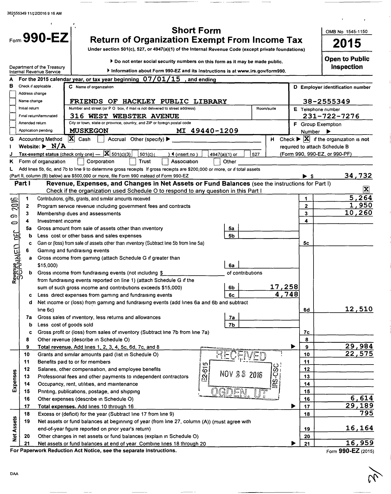 Image of first page of 2015 Form 990EZ for The Friends of Hackley Public Library