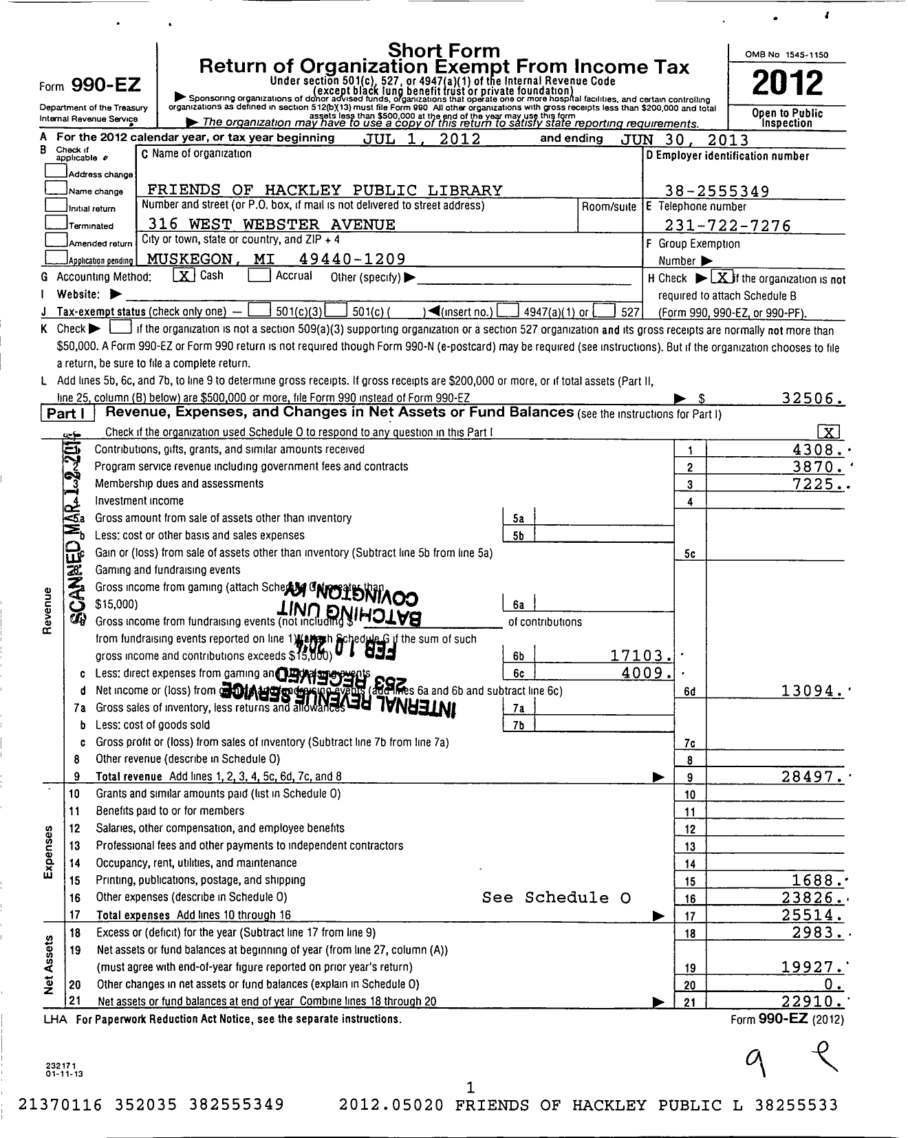 Image of first page of 2012 Form 990EO for The Friends of Hackley Public Library