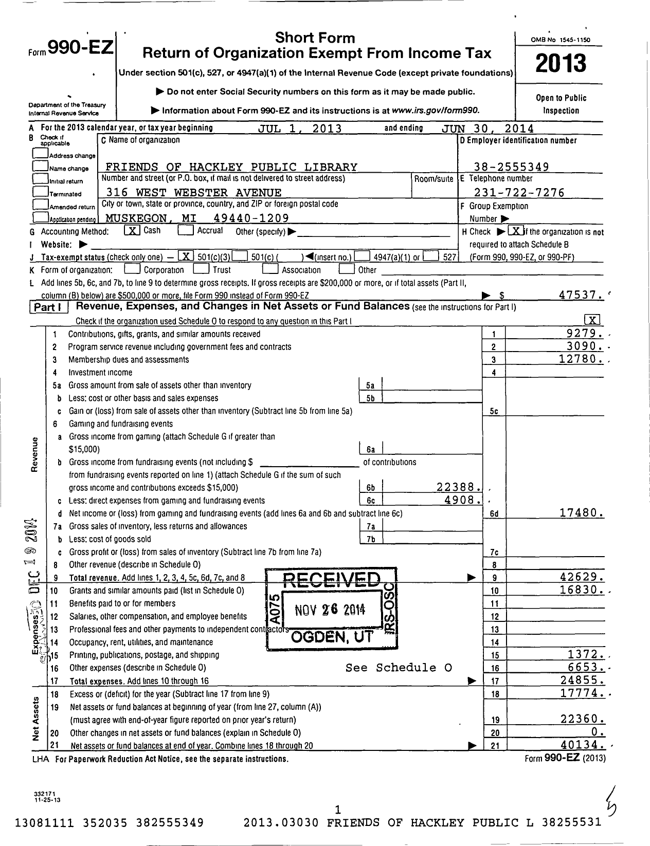 Image of first page of 2013 Form 990EZ for The Friends of Hackley Public Library