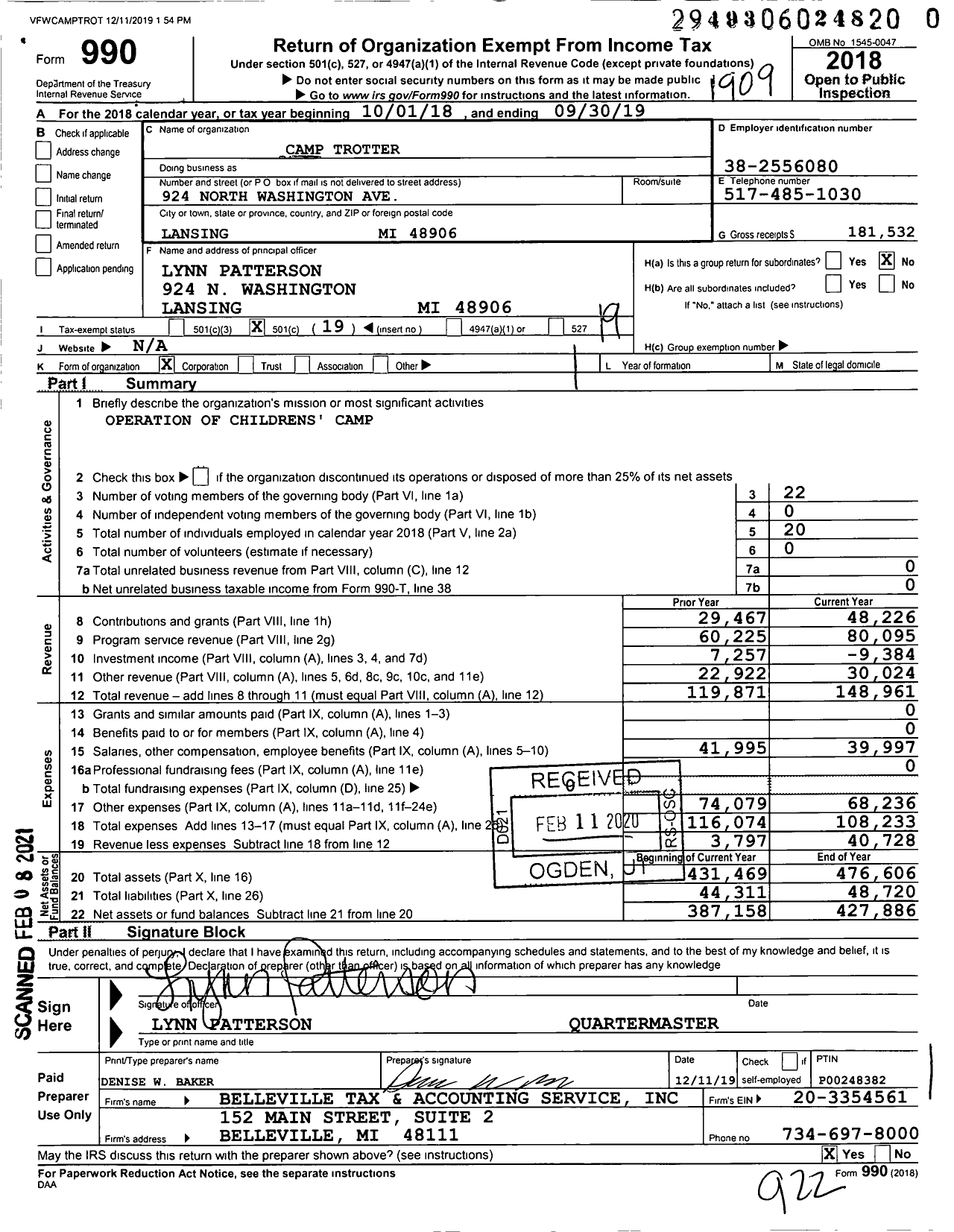 Image of first page of 2018 Form 990O for VFW Department of Michigan - Camp Trotter