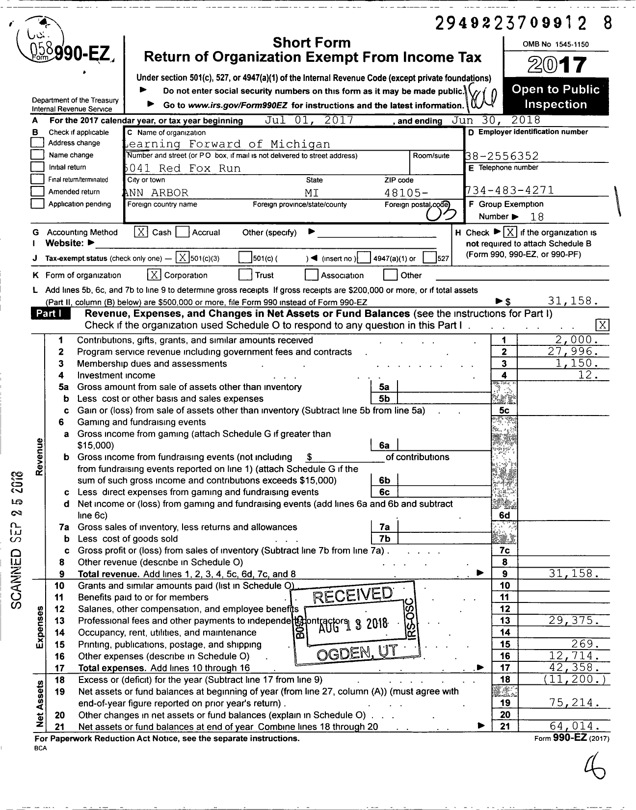 Image of first page of 2017 Form 990EZ for Learning Forward of Michigan