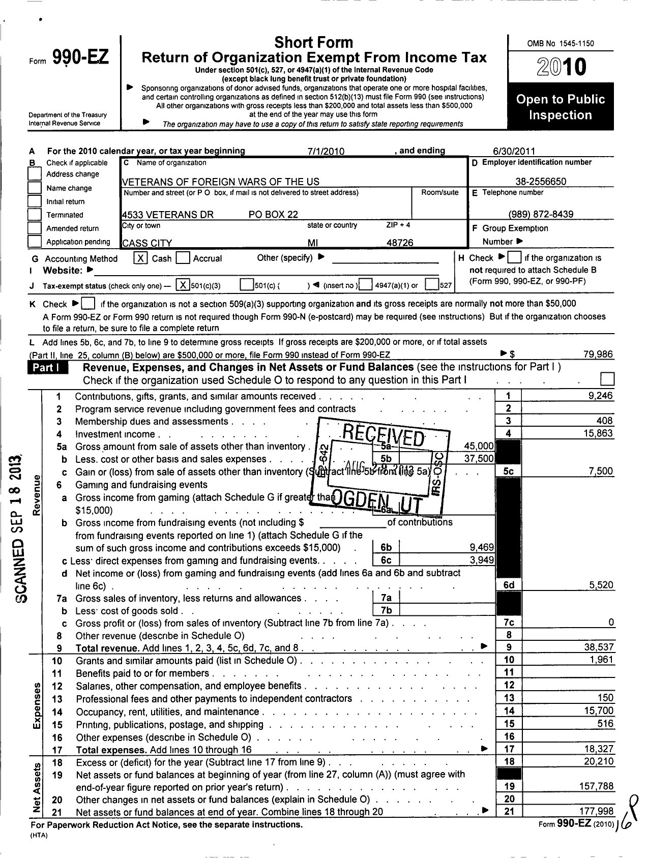 Image of first page of 2010 Form 990EZ for Cass City Post No 3644 Veterans of Foreign Wars of the United States