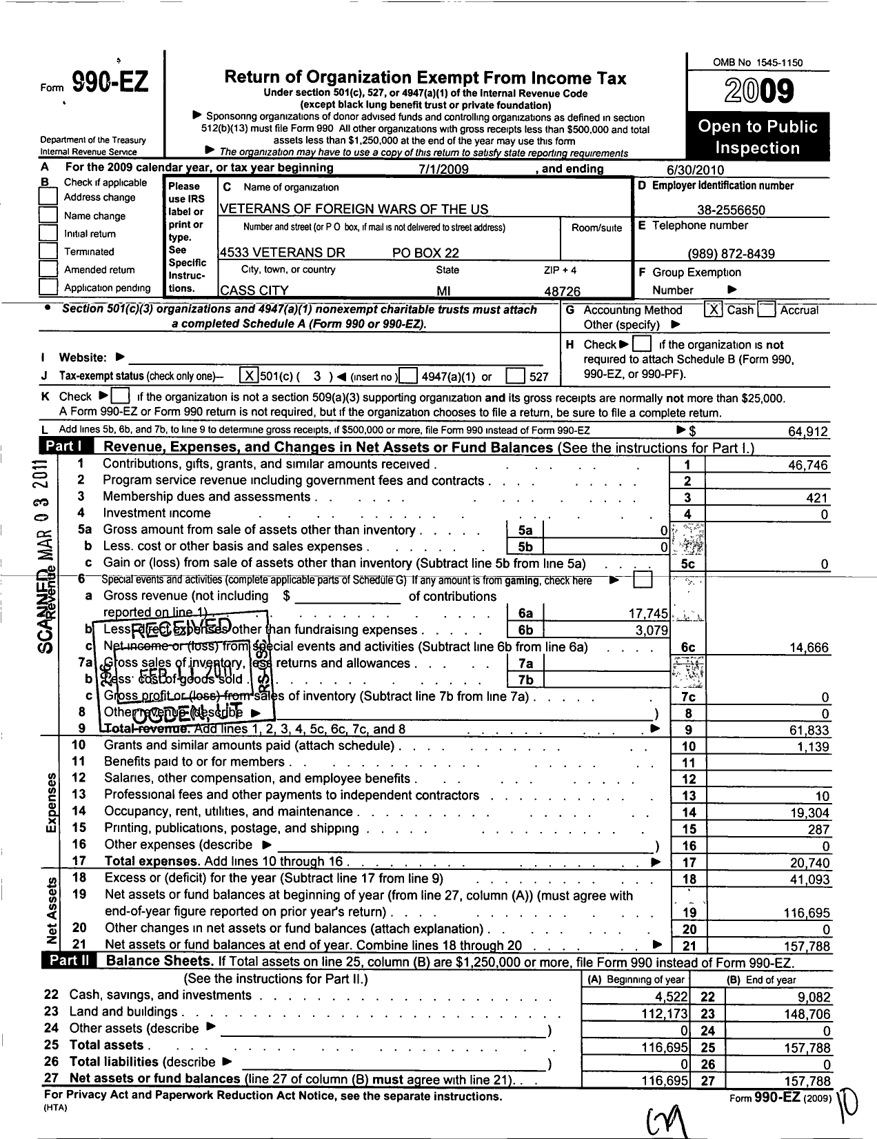 Image of first page of 2009 Form 990EZ for Cass City Post No 3644 Veterans of Foreign Wars of the United States