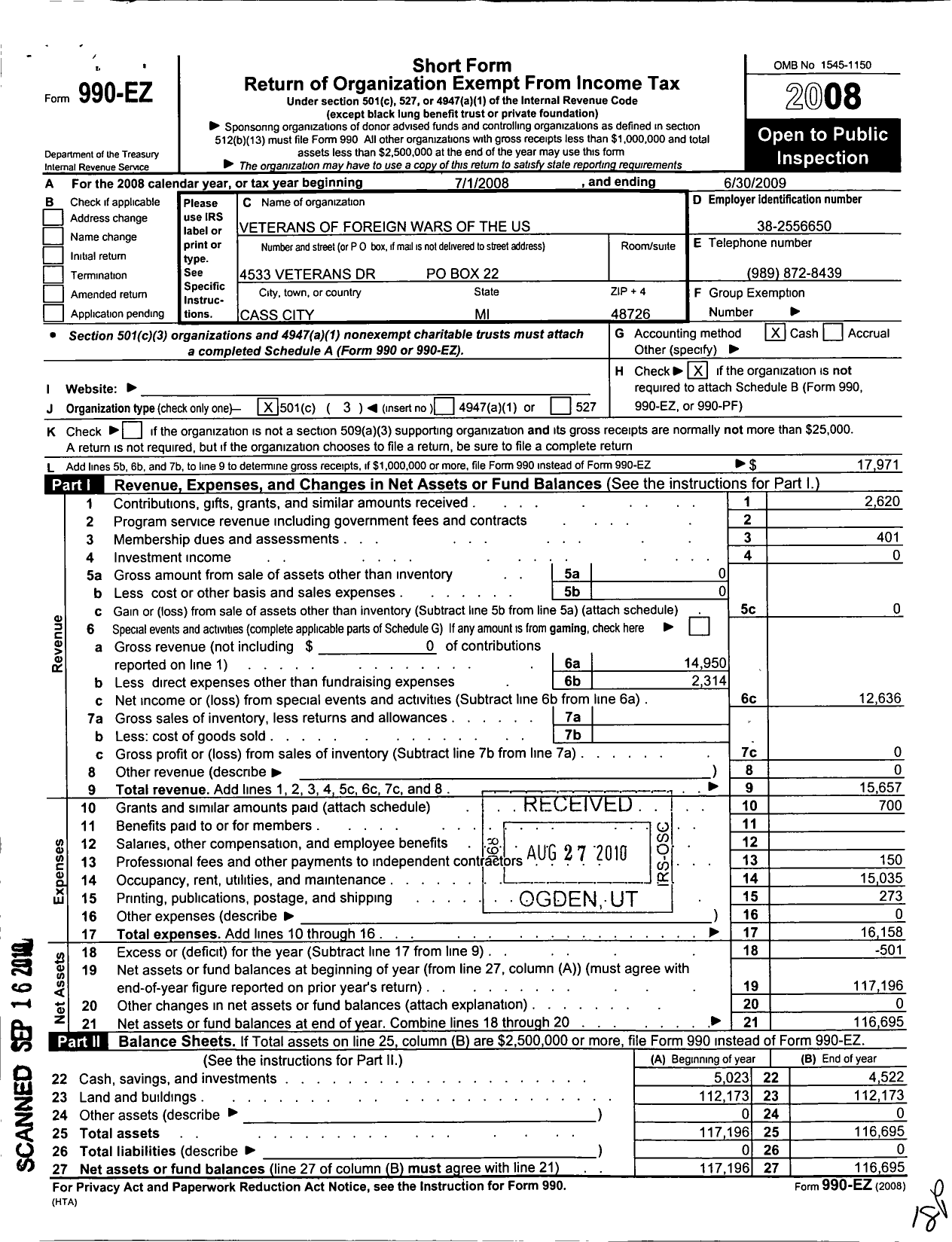 Image of first page of 2008 Form 990EZ for Cass City Post No 3644 Veterans of Foreign Wars of the United States