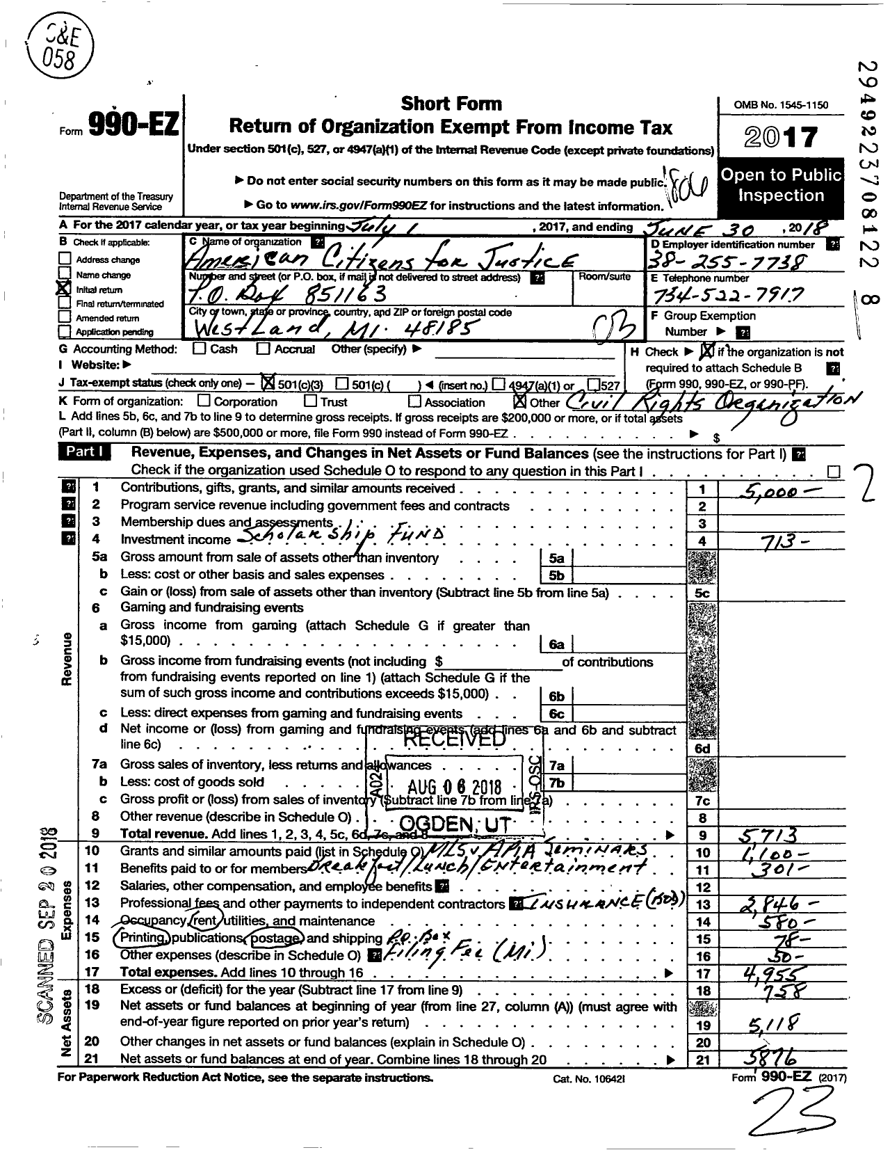 Image of first page of 2017 Form 990EZ for American Citizens for Justice