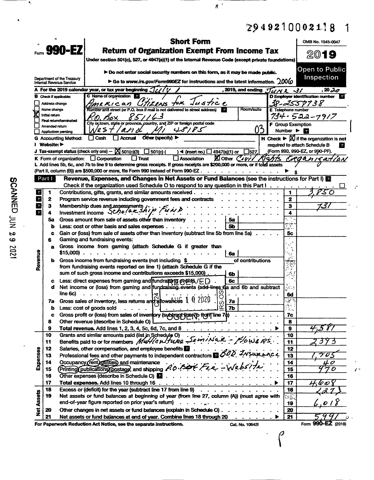 Image of first page of 2019 Form 990EZ for American Citizens for Justice