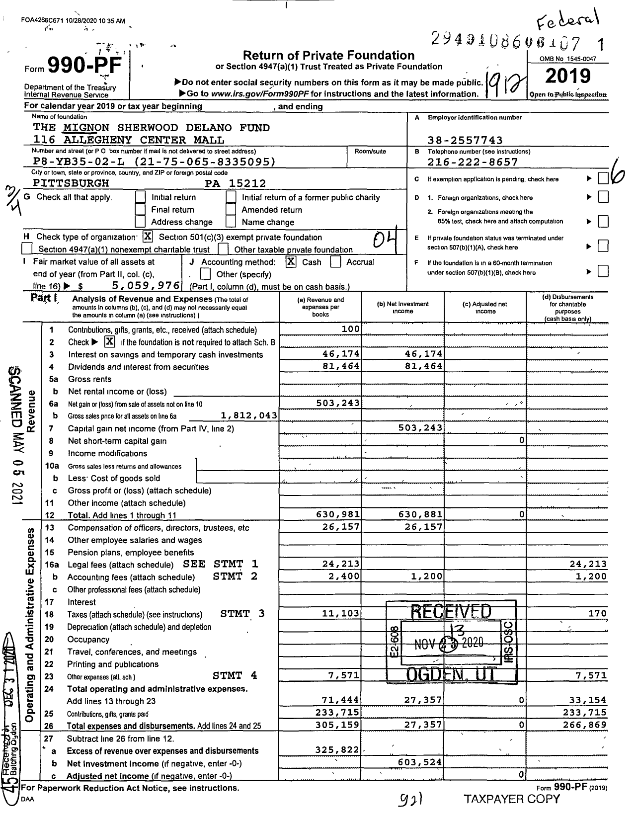 Image of first page of 2019 Form 990PF for The Mignon Sherwood Delano Fund