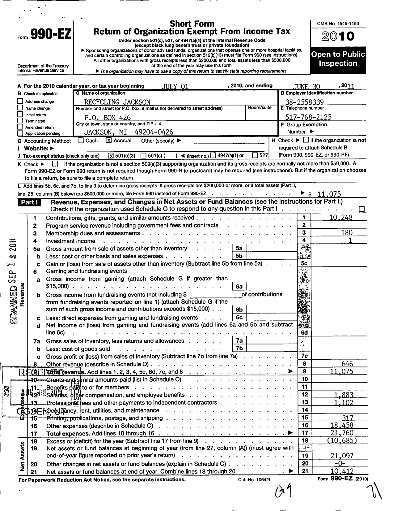 Image of first page of 2010 Form 990EZ for Recycling Jackson