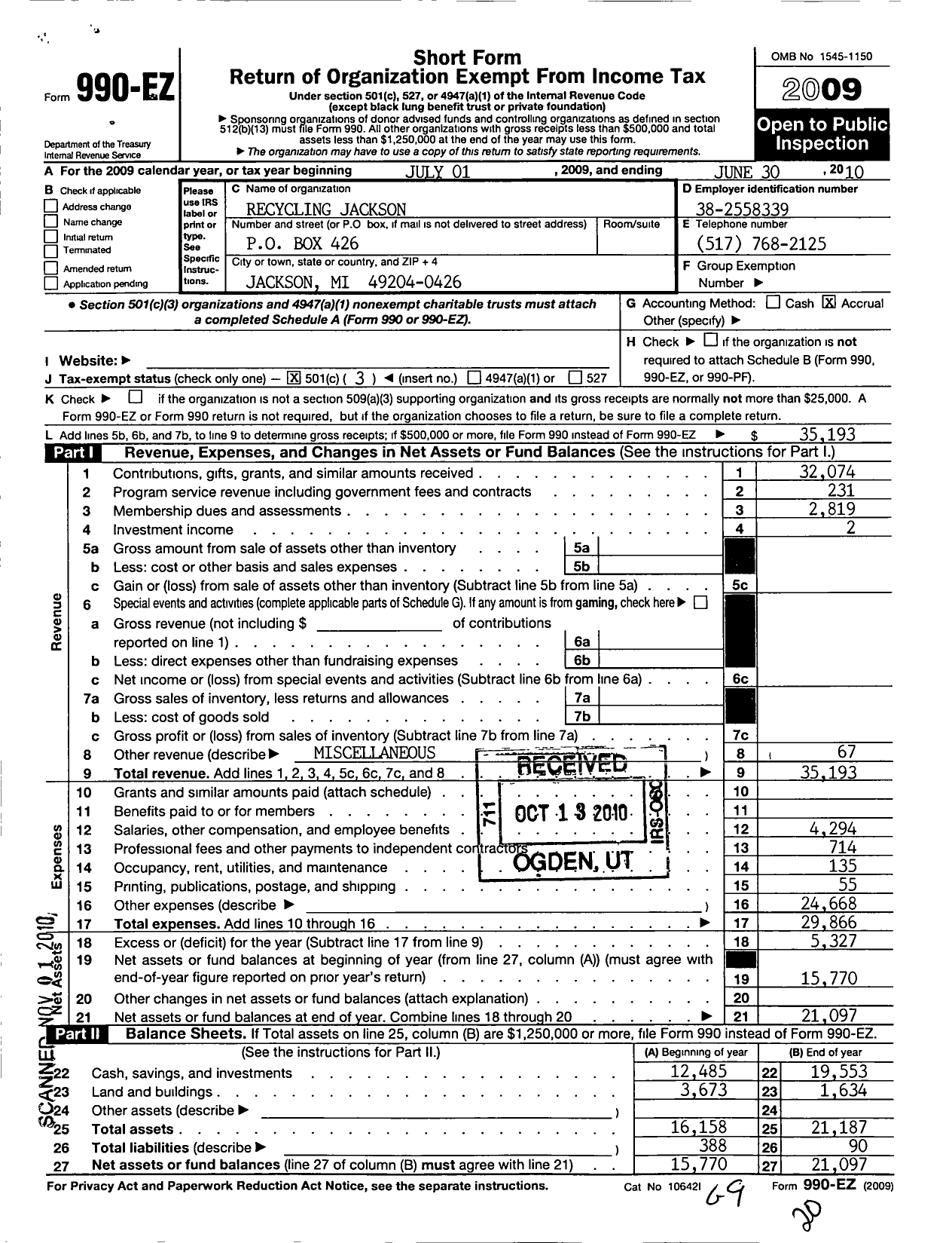 Image of first page of 2009 Form 990EZ for Recycling Jackson