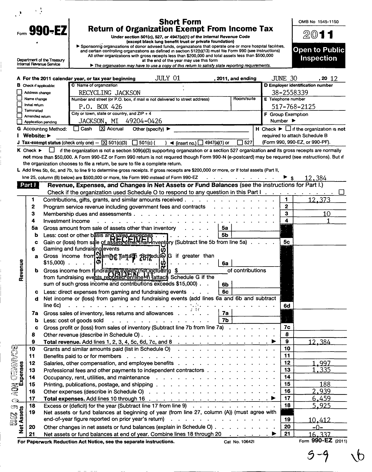 Image of first page of 2011 Form 990EZ for Recycling Jackson