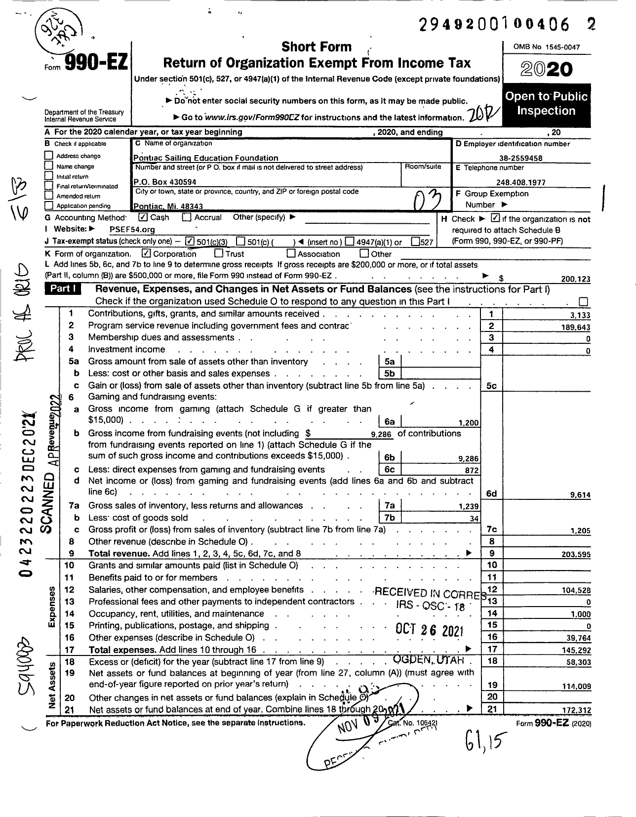 Image of first page of 2020 Form 990EZ for Pontiac Sailing Education Foundation