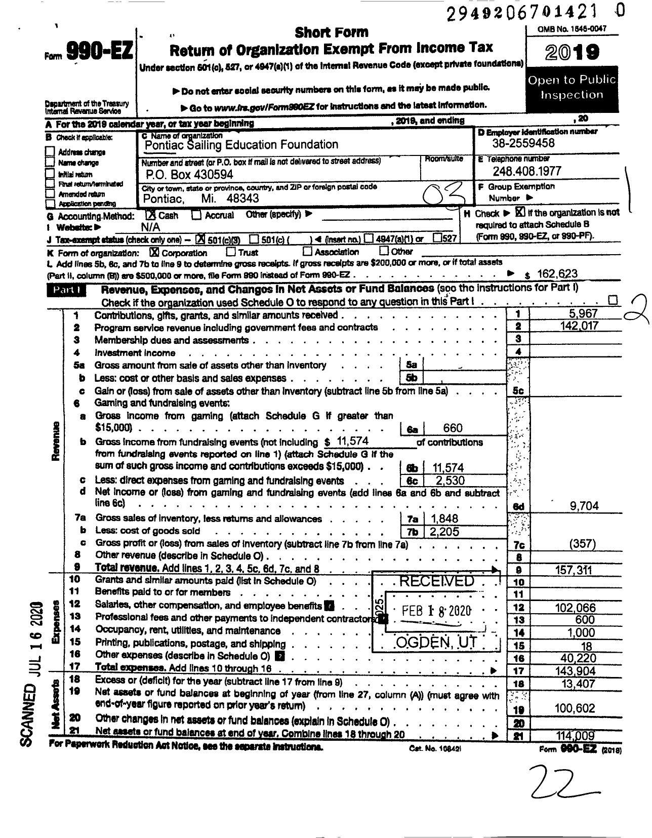 Image of first page of 2019 Form 990EZ for Pontiac Sailing Education Foundation