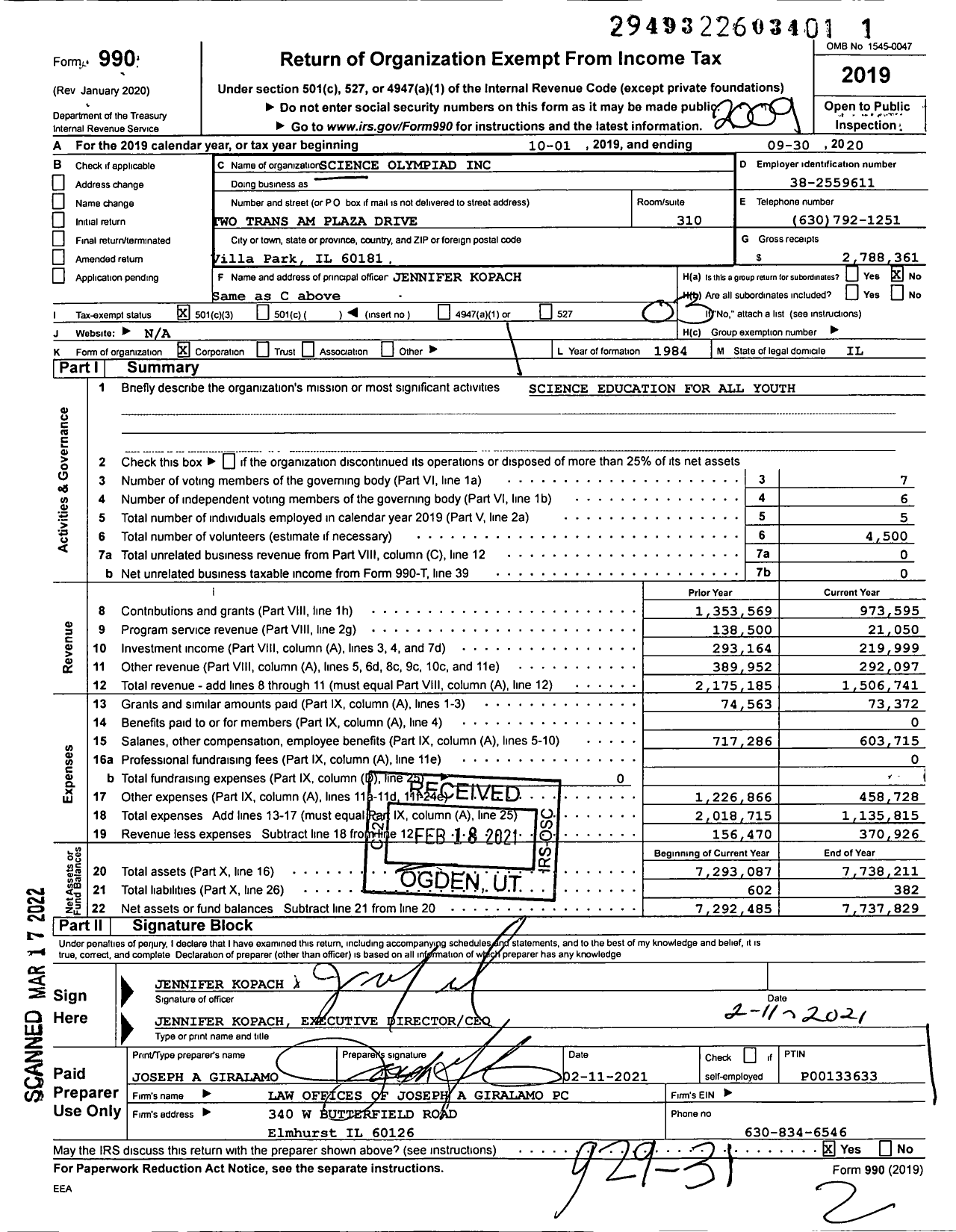 Image of first page of 2019 Form 990 for Science Olympiad